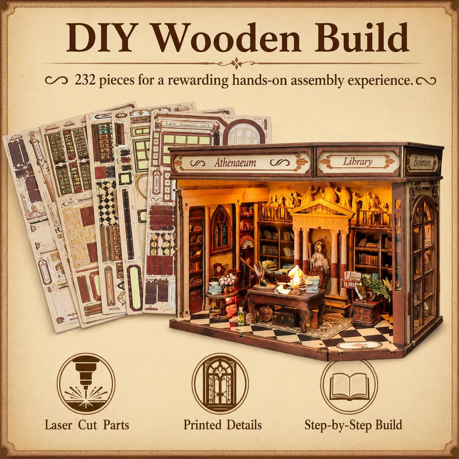GOOGO Kit Book Nook, casa in miniatura fai da te Book Nook con luce LED, puzzle 3D in legno, fermalibri decorativo per libreria, regalo creativo per adulti e ragazzi dai 14 anni in su (Studio)