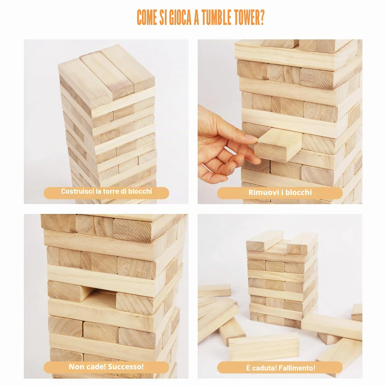 WOODENFUN Torre gigante in legno impilabile da 0,4 m – 1,2 m grande Tumble Tower giochi Jumbo Toppling Blocks giocattolo per bambini, adulti e famiglia (colore legno)