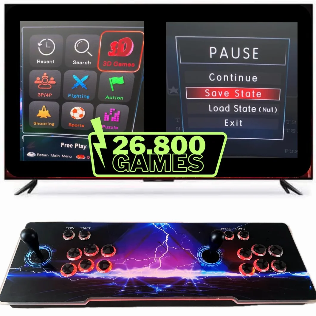 Console Arcade Pandora Box con 26.800 Giochi Retro e 3D Originali, LED Colorate, Joystick Ovali e Sistema Audio, per 2 Giocatori, Full Size, Metallo e Acrilico, Alimentata da Cavo Elettrico