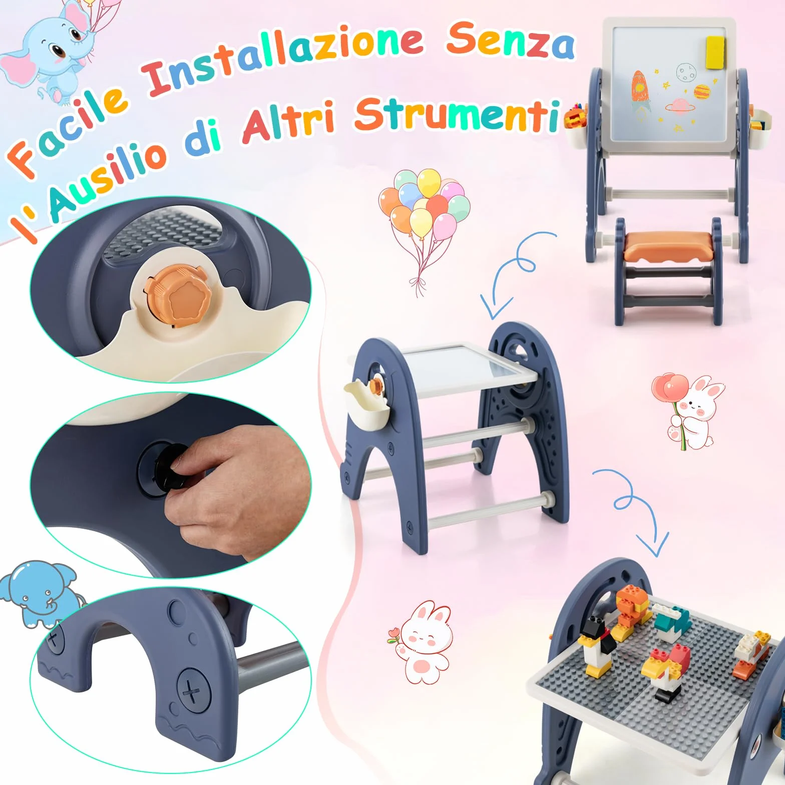 RELAX4LIFE Set di Cavalletto per Bambini con Sgabello, a Doppia Faccia con Lavagna Magnetica, Tavolo da Costruzione, Set Cavalletto per Bambini con Sgabello e Scatole Laterali