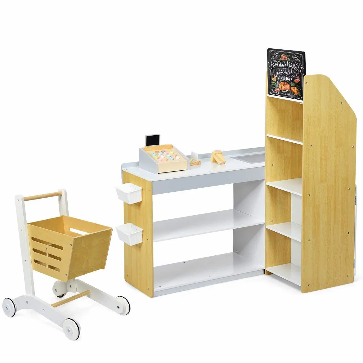 GYMAX Negozio Giocattolo per Bambini, Bancarella Mercato Giocattolo in Legno, con Carrello della Spesa, Supermercato Giocattolo Scanner, Pos, Carta di Credito e Monete di Legno, 90 x 62 x 111 cm