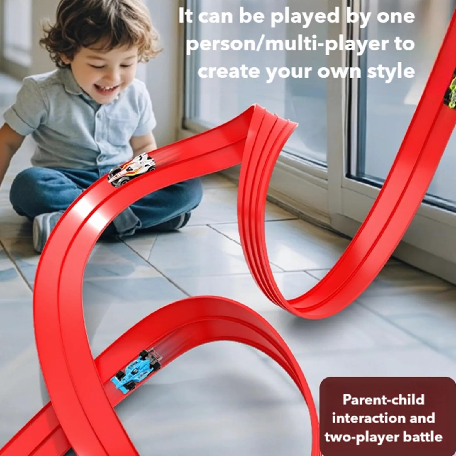 Set Pista da Corsa per Auto Macchinine in PVC Flessibile | Set Pista Arrotolabile Auto da Corsa per Interni, Esterni, Giardino, Balcone, Camera, Bambini e Bambine, Bimbi, Prescolari