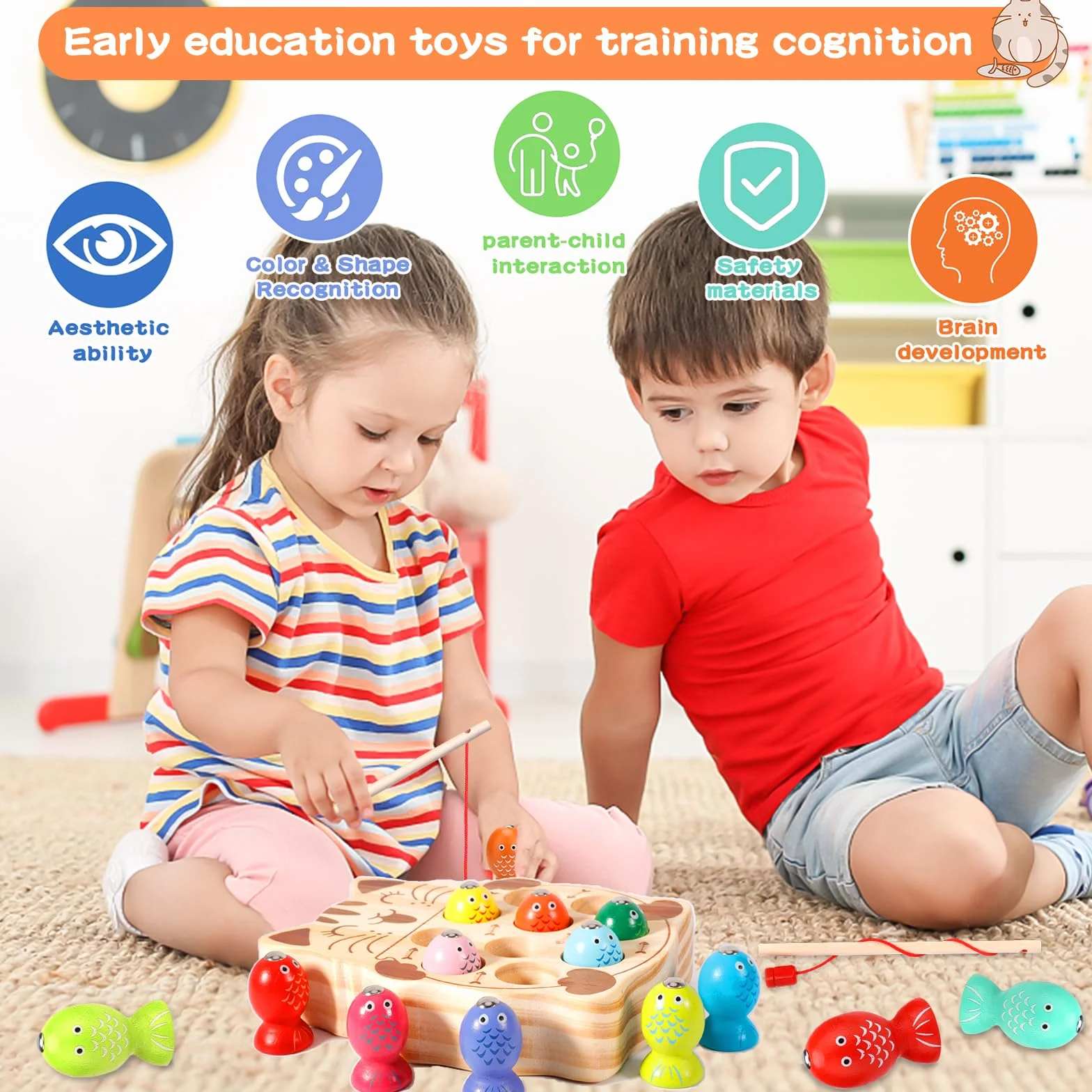FAMKEEP Gioco di pesca magnetico in legno Montessori giocattolo educativo 3 anni