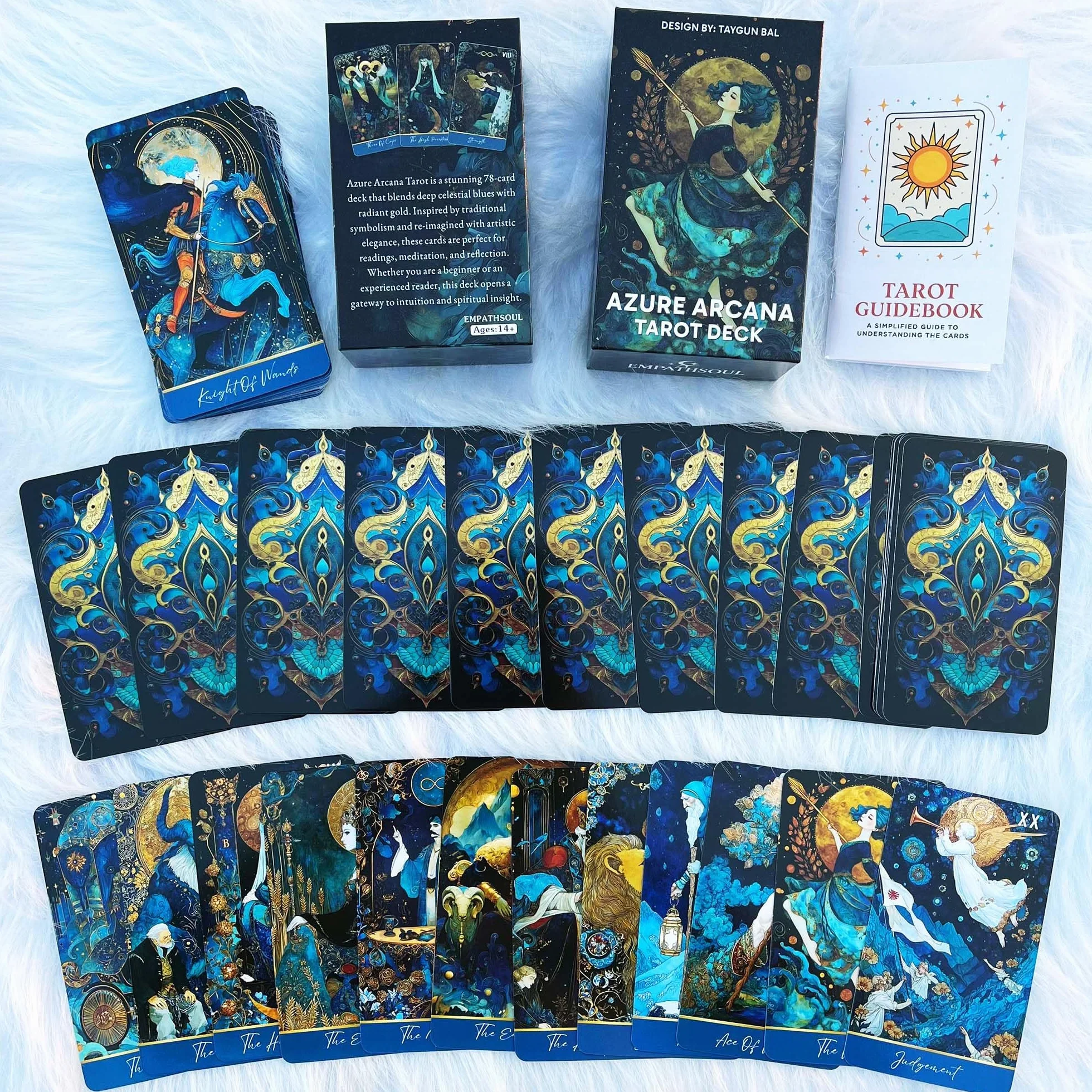 Mazzo di tarocchi Azure Arcana, 78 carte dei tarocchi con guida generale, carte dei tarocchi artistiche blu e oro fantasy per principianti, strumento di divinazione per la lettura della stregoneria