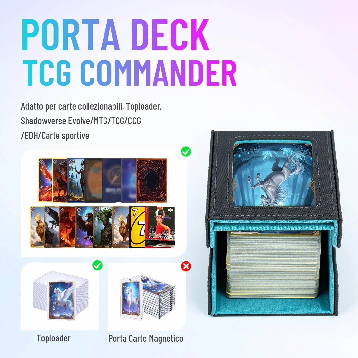 Box Porta Mazzo mit Display per Carte MTG Capacità di 100+ Carte/30+ Carta Toploader,Magnetic Flip Deck Box per le Carte di Magic Commander TCG (Verticale-Blu Chiaro)