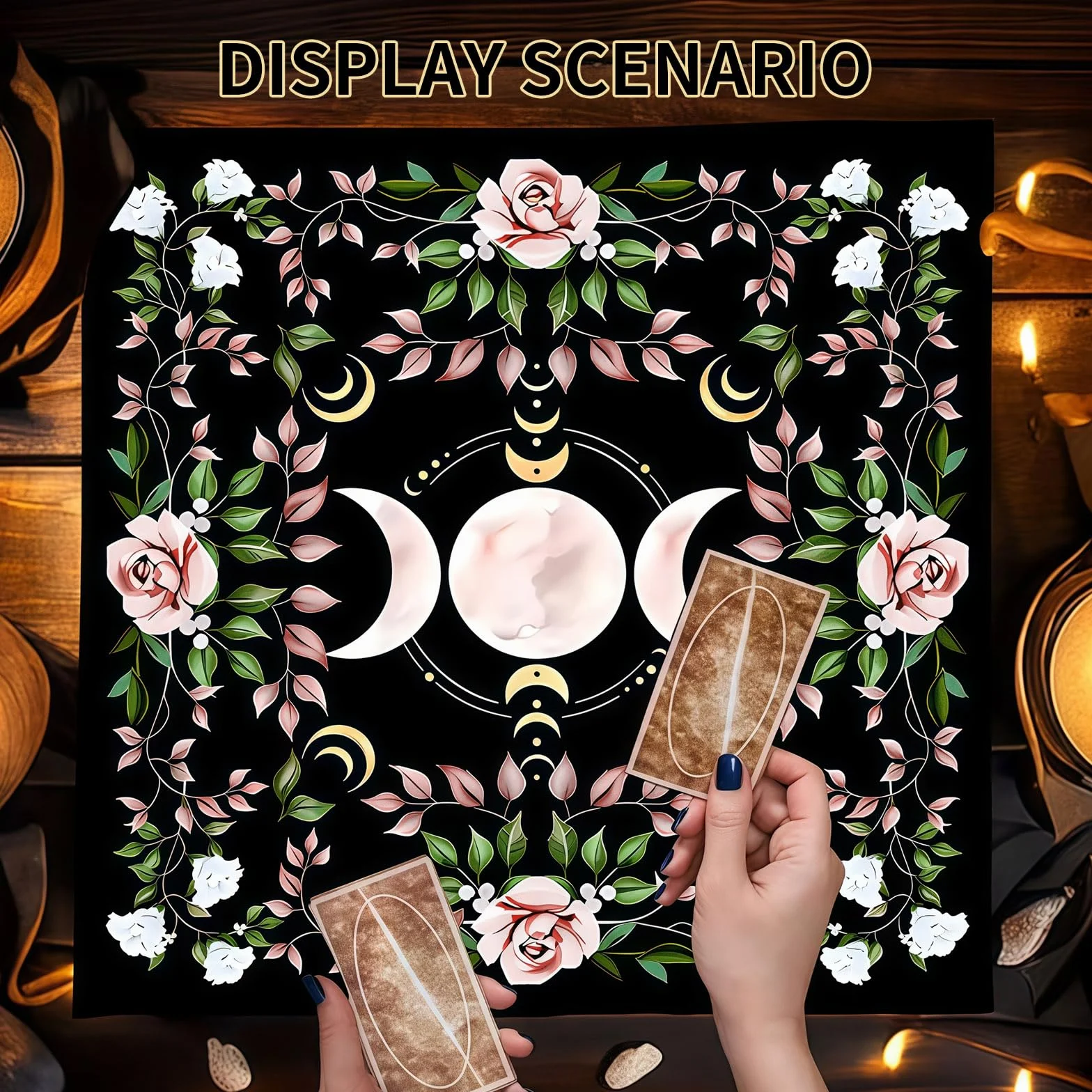 Tappeto Divinatorio per Tarocchi 75x75 cm Tovaglia da Altare Esoterico con Fiori e Fasi Lunari