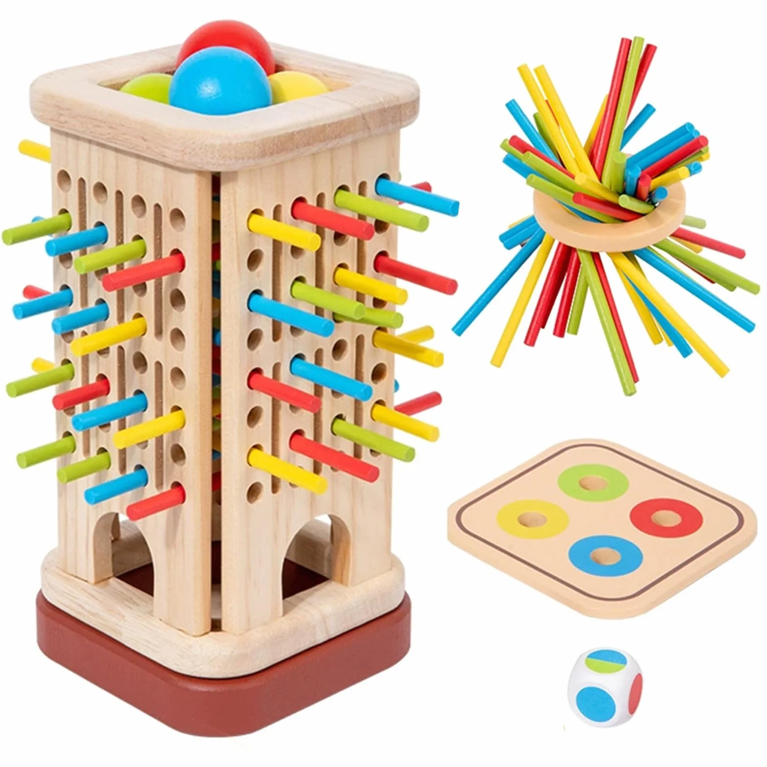 Giochi Montessori per Bambini 3-6 Anni – Gioco da Tavolo in Legno con 32 Bastoncini Colorati, Palla, Dado, Anello e Box – Gioco Educativo di Abilità Motoria, Family Game e Regalo
