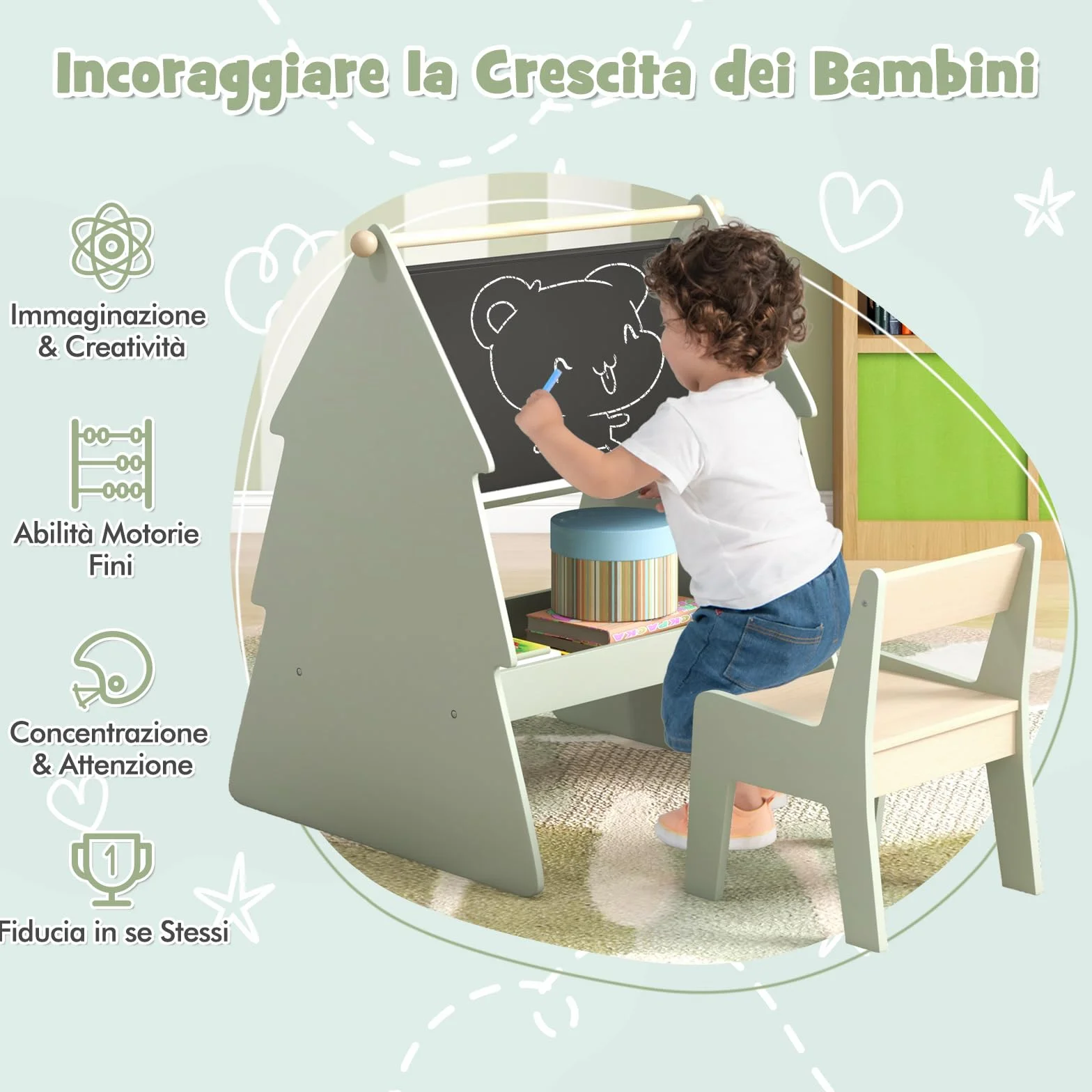 RELAX4LIFE 2 in 1 Lavagna per Bambini Bifacciale, Set di Cavalletto Artistico a Forma di Albero con Sgabello, Rotolo di Carta, Scaffale di Stoccaggio, 68 x 60 x 80 cm, per Bambini 3+ Anni