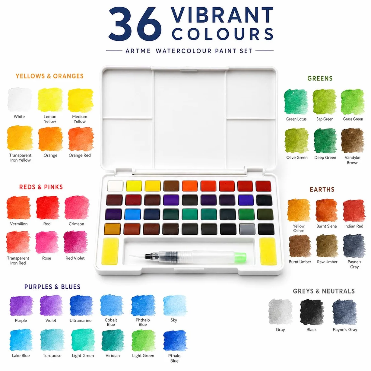 Artme Acquarelli/Set per pittura ad acquerello con cubo in custodia da trasporto con pennello - 36 colori vivaci, fornitura artistica essenziale.