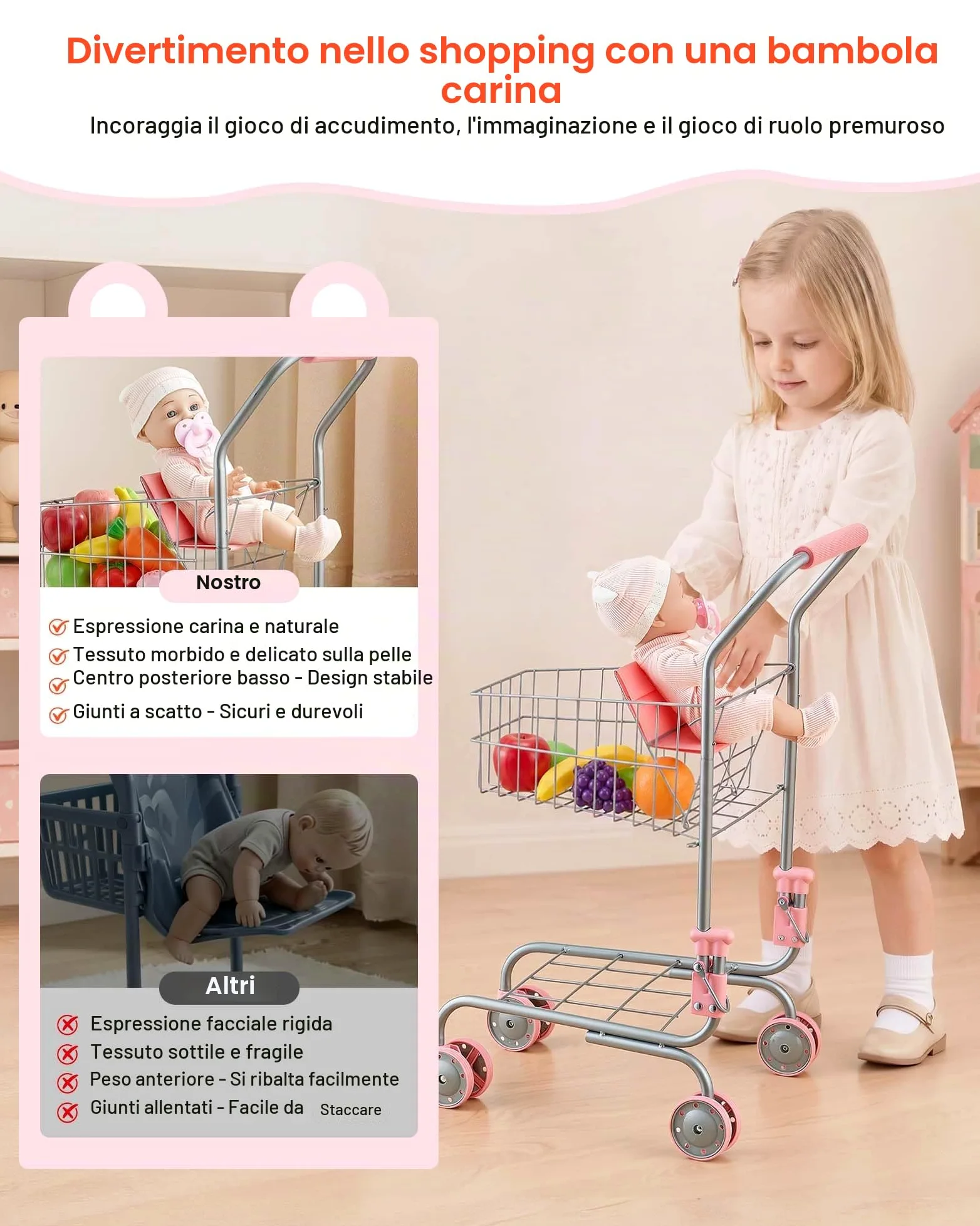 VEVOR Carrello della Spesa Giocattolo per Bambini dai 3 Anni, Carrello Supermercato Giocattolo, Telaio Robusto in Metallo, Sedile per Bambole, Ruote Scorrevoli, Cestino a Rete, Gioco di Ruolo Negozio