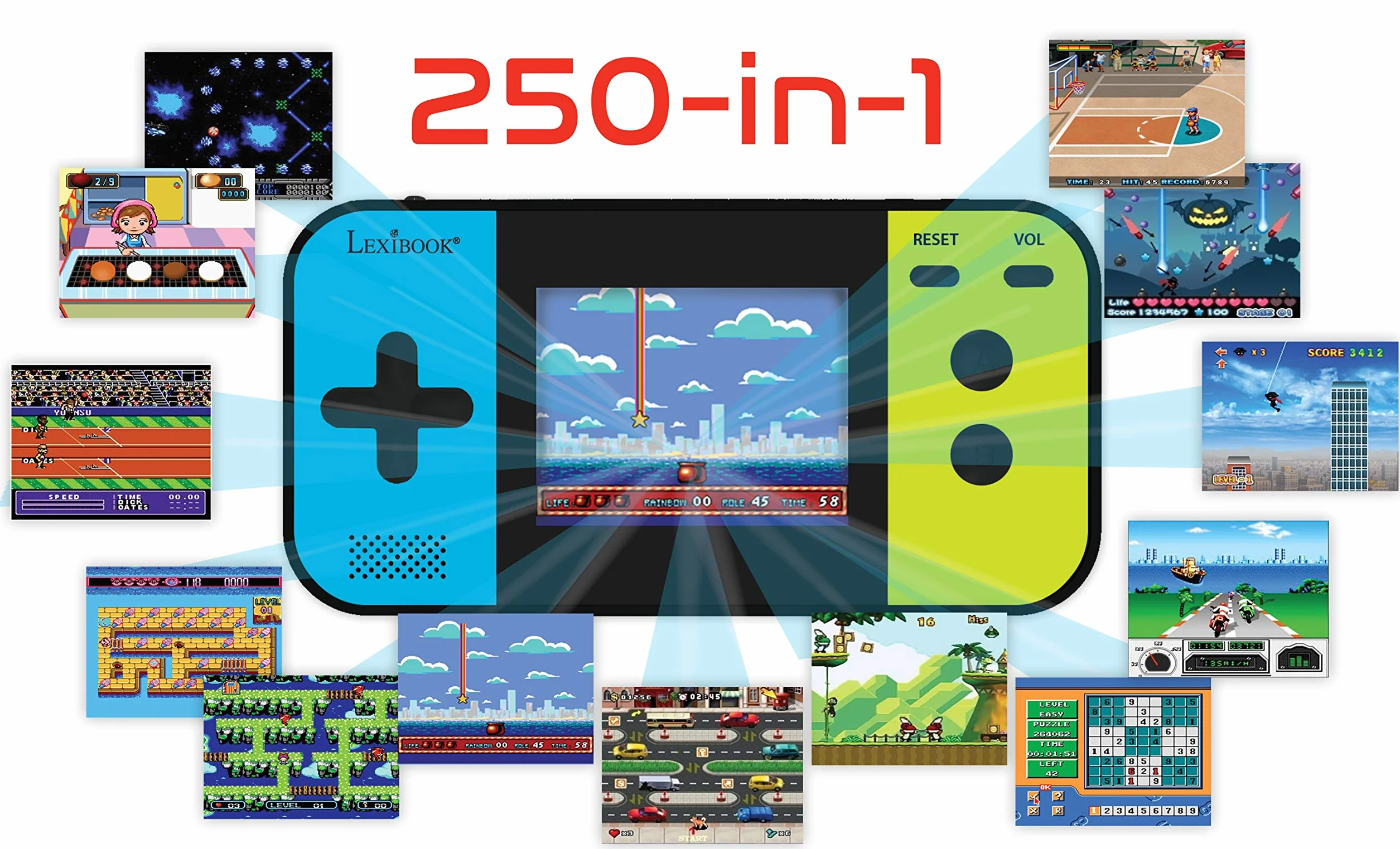 Lexibook, Cyber Arcade compatto, console di gioco portatile, 250 giochi, LCD, a batteria, videogioco per bambini, nero/blu/verde, JL2377
