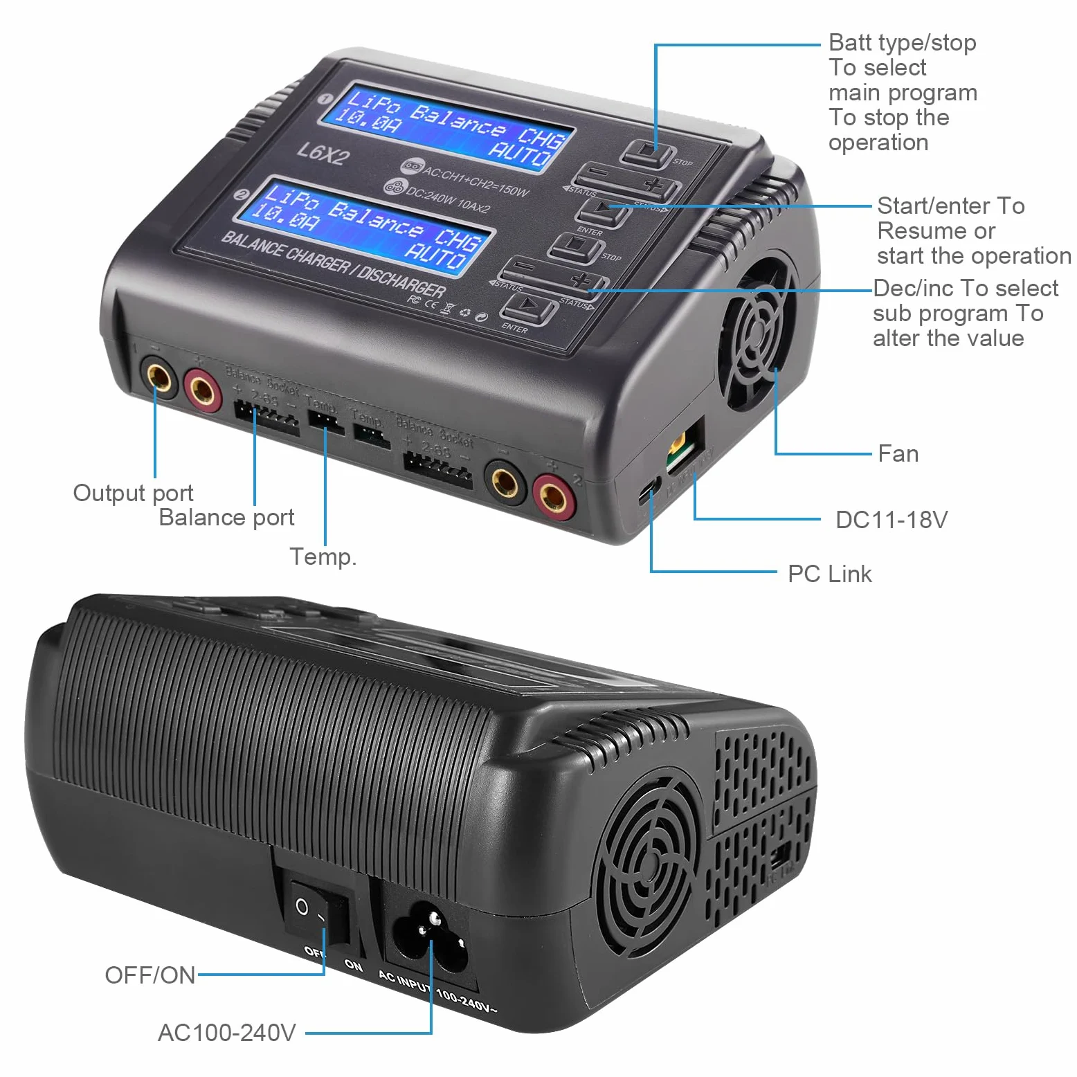 Haisito L6X2 Duo RC Balance Charger/Scaricatore per Lilon LiPo Life LiHV NiCd NiMH PB Smart Batteria Dual Multicciatore AC 150W/DC 240W 10A x 2