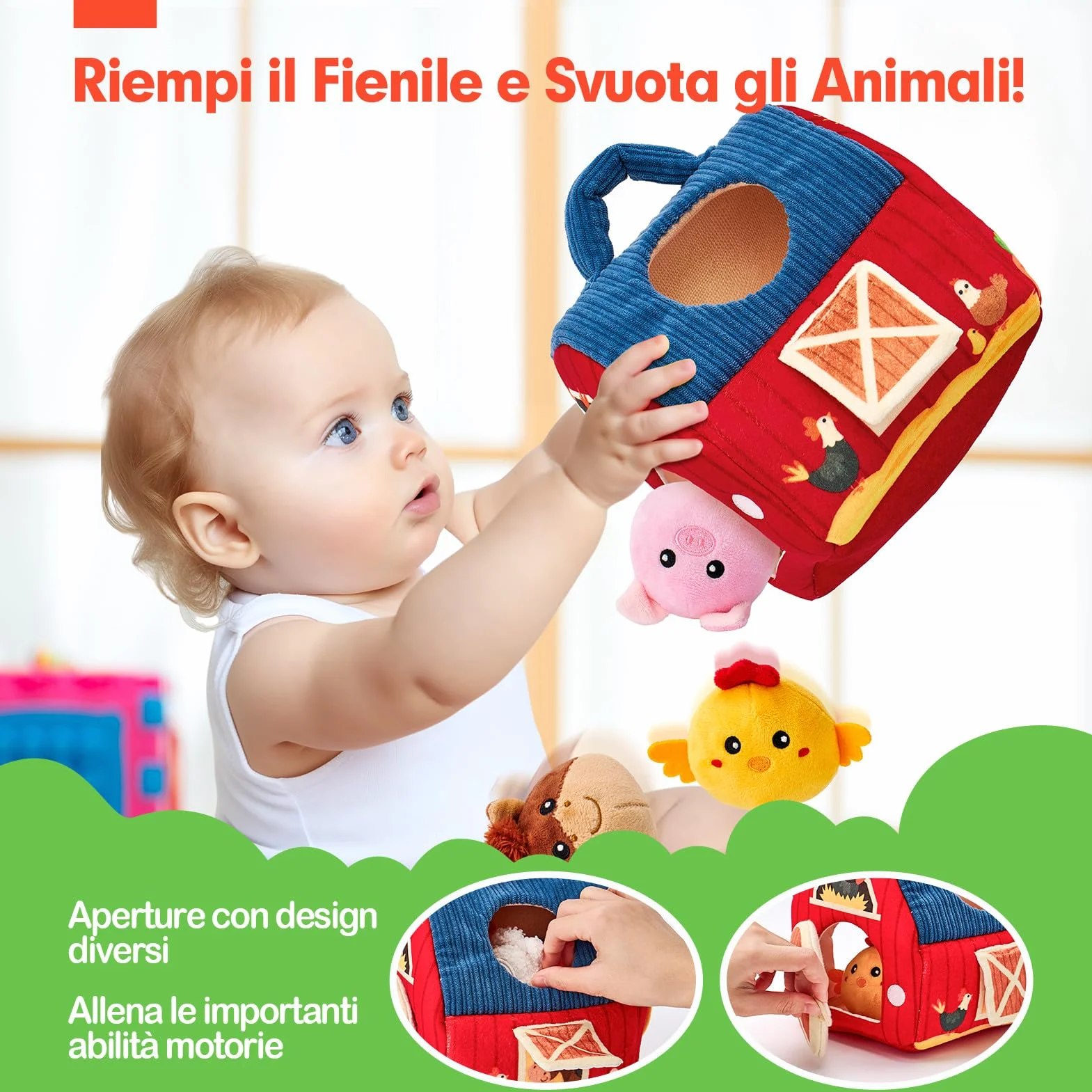 Montessori Casa Morbida Giochi Bambino 1 Anno Animali da Fattoria con Fienile Sonaglio Specchio Gioco Sensoriale Regalo Bimbo Bimba