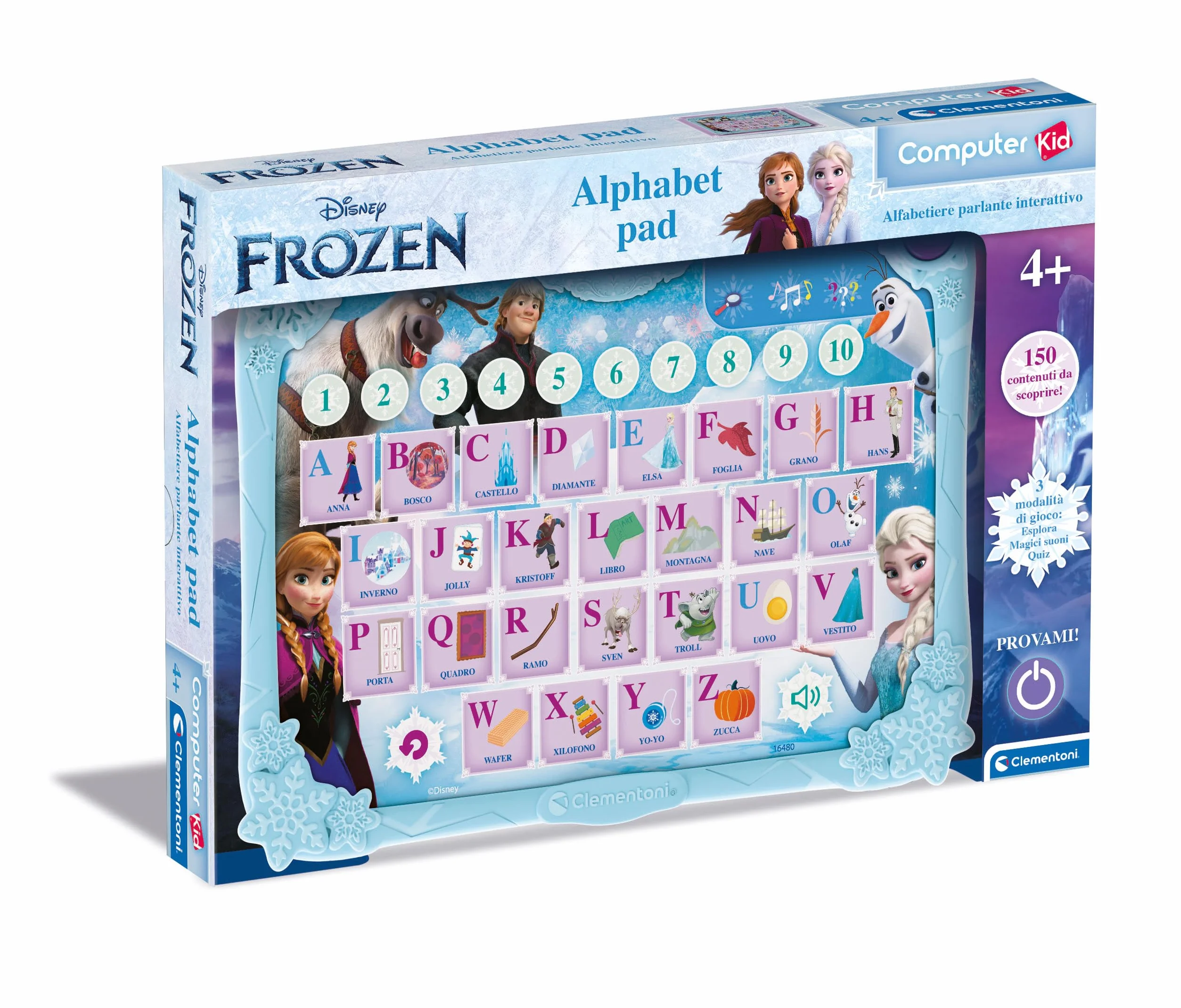 Clementoni - Computer Kid, Disney Frozen Alphabet Pad, Alfabetiere Interattivo, Gioco Educativo 4+ Anni, con attività Elettroniche per Scoprire Lettere, Parole e Numeri, Lingua Italiana, 16480