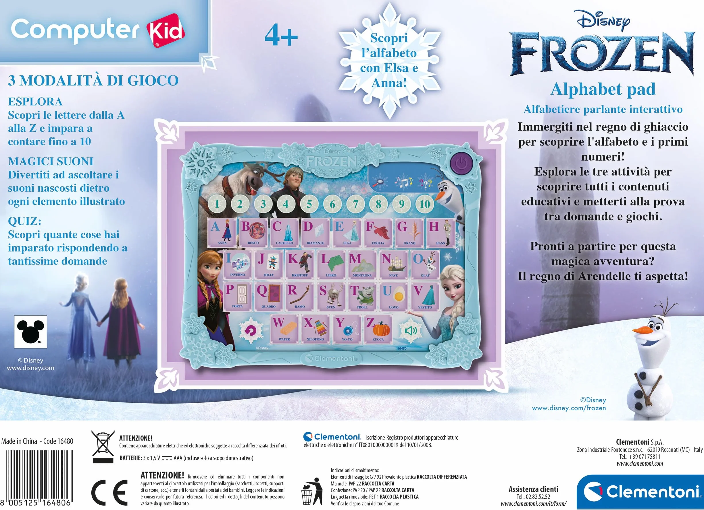 Clementoni - Computer Kid, Disney Frozen Alphabet Pad, Alfabetiere Interattivo, Gioco Educativo 4+ Anni, con attività Elettroniche per Scoprire Lettere, Parole e Numeri, Lingua Italiana, 16480