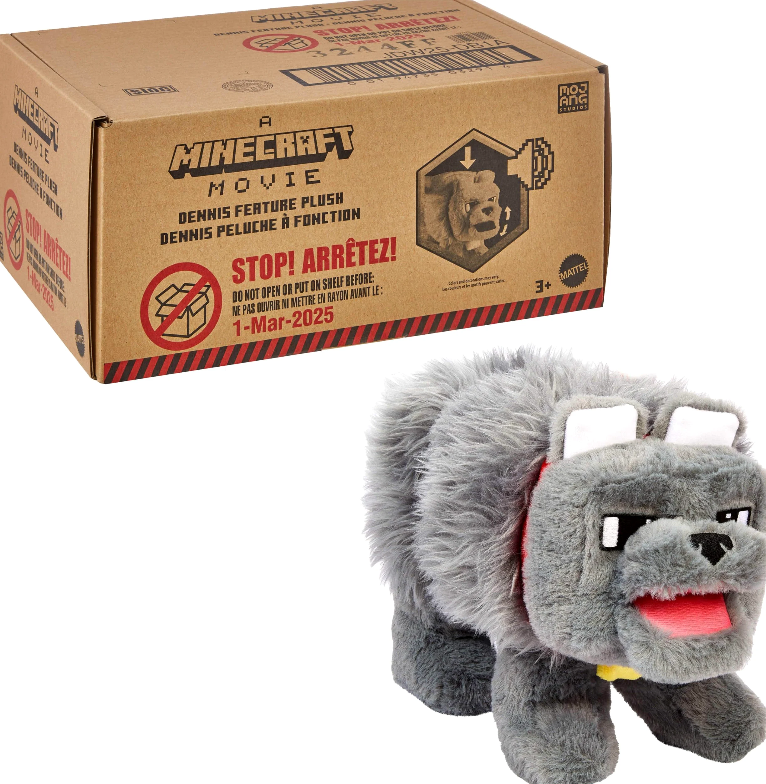 Mattel Minecraft - Peluche interattivo con suono e bocca mobile, Dennis il lupo, ispirato a un film di Minecraft