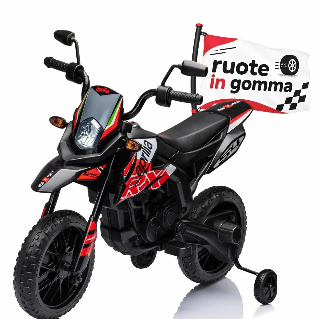 Moto Elettrica per bambini 12V Super Cross Aprilia RX125 con licenza ufficiale Moto da Cross con Ruote in Gomma Sedile in pelle Doppio Motore con Rotelle Luci e Suoni integrati (Rosso)