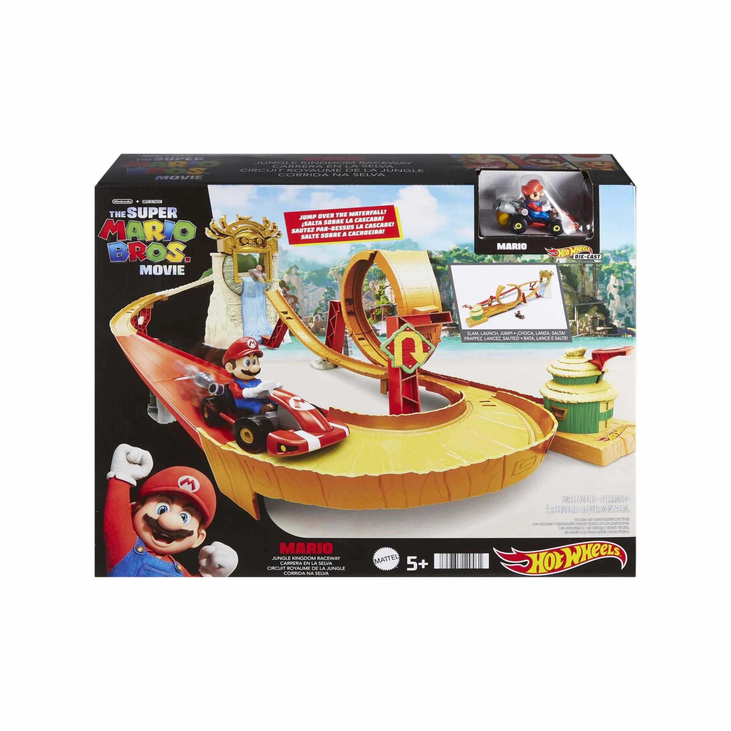 Hot Wheels Super Mario Bros - Corsa nella Giungla di Kong, playset ispirato al film con macchinina die-cast di Mario inclusa, pista con loop e salto su cascata, giocattolo per bambini, 5+ anni, HMK49