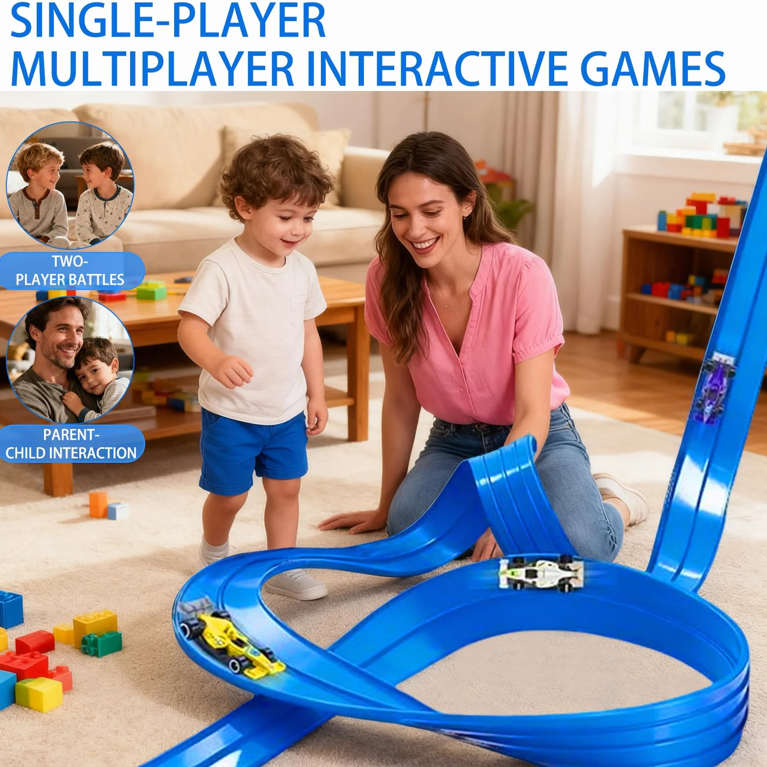 Piste Macchinine per Bambini 5M, Giocattolo Piste da Corsa con 4 Auto, Portatile per Salti Loops Circuito di Corse per Bambini con Rampa, Portatile Pista per 3+ Anni