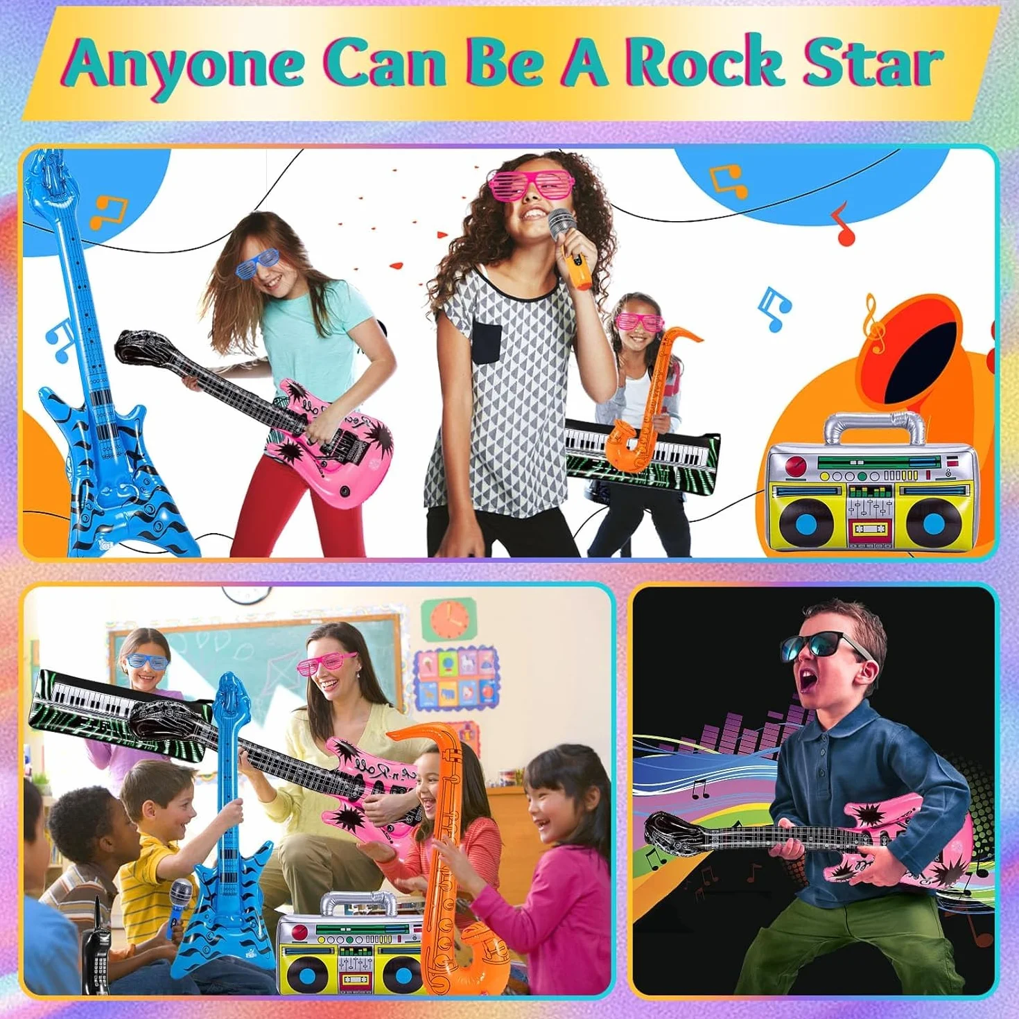 Zestaw 11 instrumentów nadmuchiwanych Rock Star, akcesoria muzyczne lata 80 90