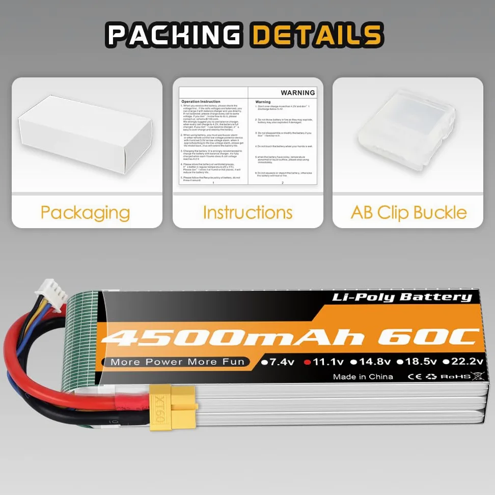 Youme Batteria LiPo 11.1V 3S 4500mAh 60C XT60 per auto droni barche RC 2pz | Batterie LiPo RC 11,1V 3S 4500mAh 60C custodia soft XT60 per auto camion buggy veicoli barche aerei elicotteri e droni RC
