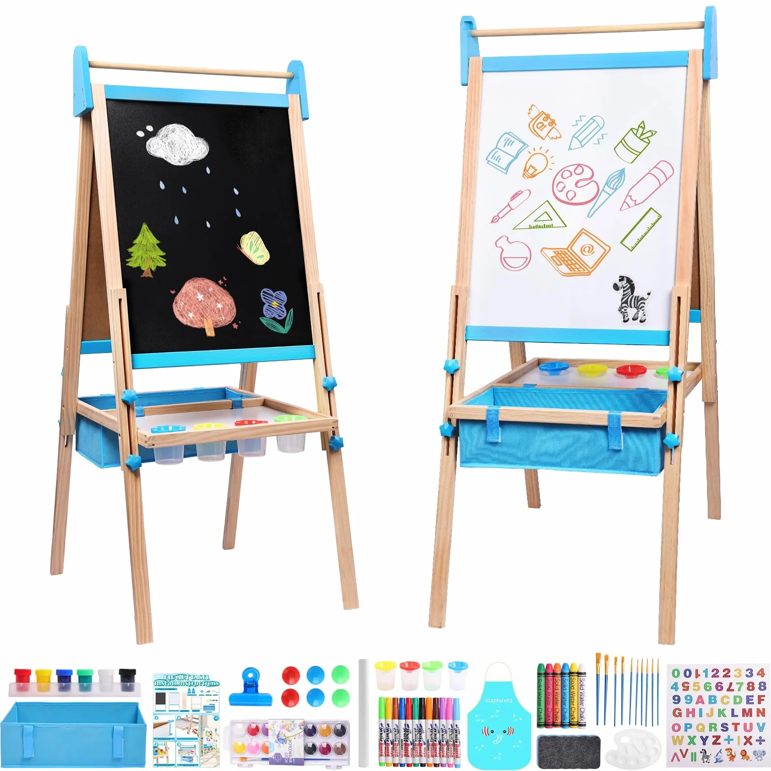Lavagna per Bambini 3 in 1 Cavalletto Regolabile 115-134cm Legno Massello Magnetica e Bianca con Rotolo Carta 13 Accessori