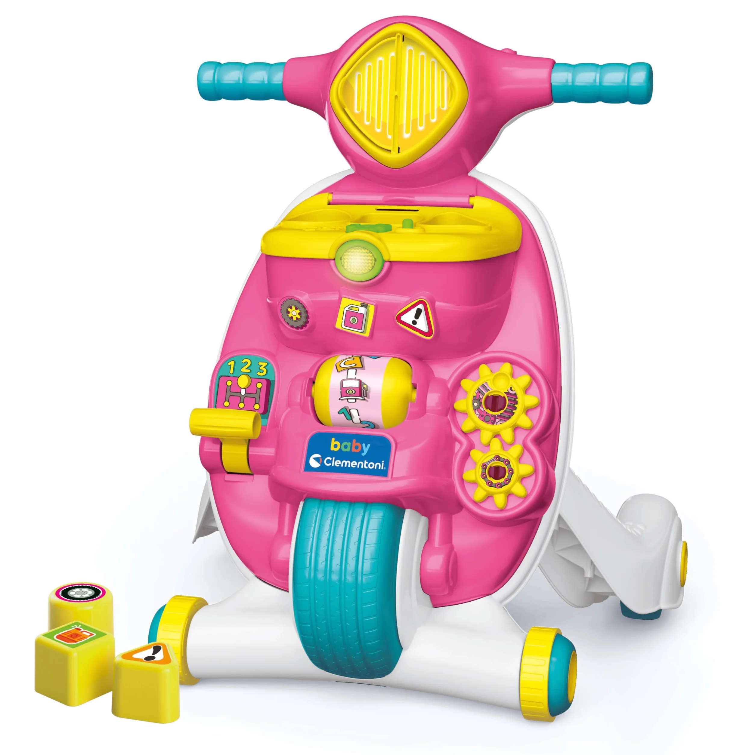 Baby Clementoni - Valentina Scooterina 2 in 1, Moto Bambini Spingibile Primi Passi 9+ Mesi, Centro attività Prima Infanzia per Imparare Lettere, Numeri e Parole, Made in Italy, Lingua Italiana, 17853