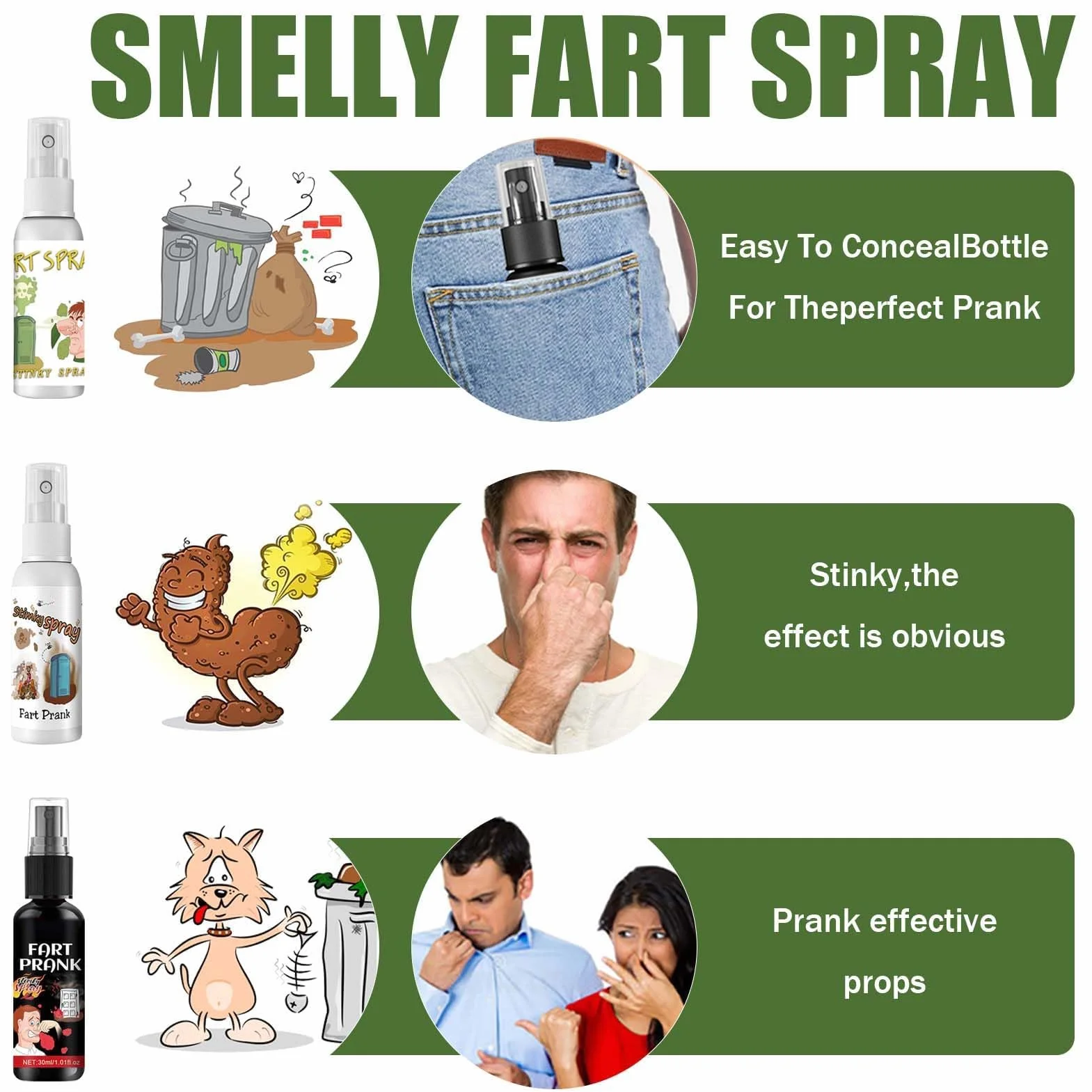 Miioto Fart Spray, Interessante Spray Puzzolente, Potente Fialette Puzzolenti, Articoli per Feste Divertenti, Cattivo Odore di Lunga Durata, Sicuri e Portatili - 30ml*3 (VO-EU0085)