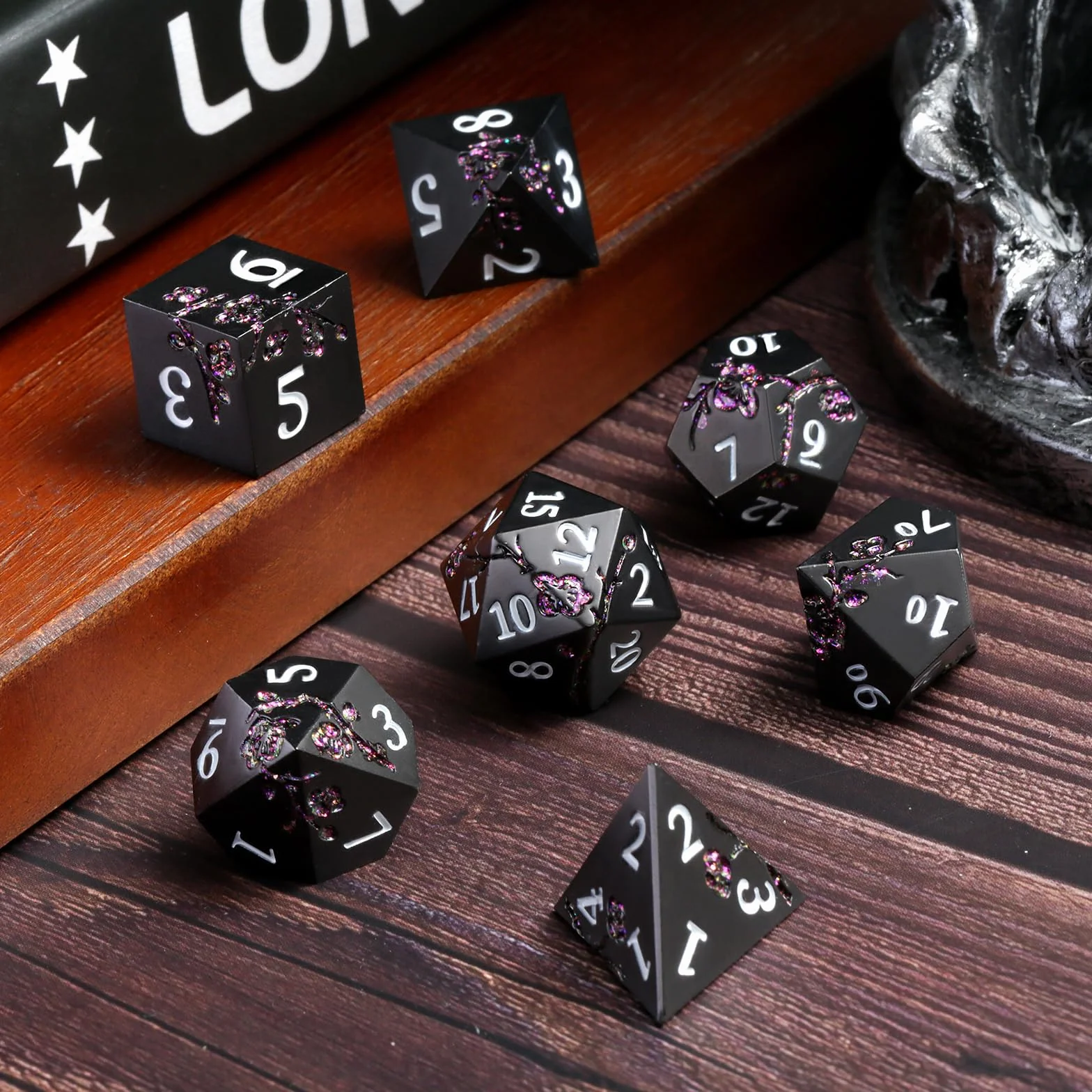 Glitter Purple Metal D&D Dice, 7 PCS Flower Metallic DND Dice Set with Grogeous Gift Case for Dungeons and Dragon Tabletop Game (Matte Black with Glitter Purple Flower)