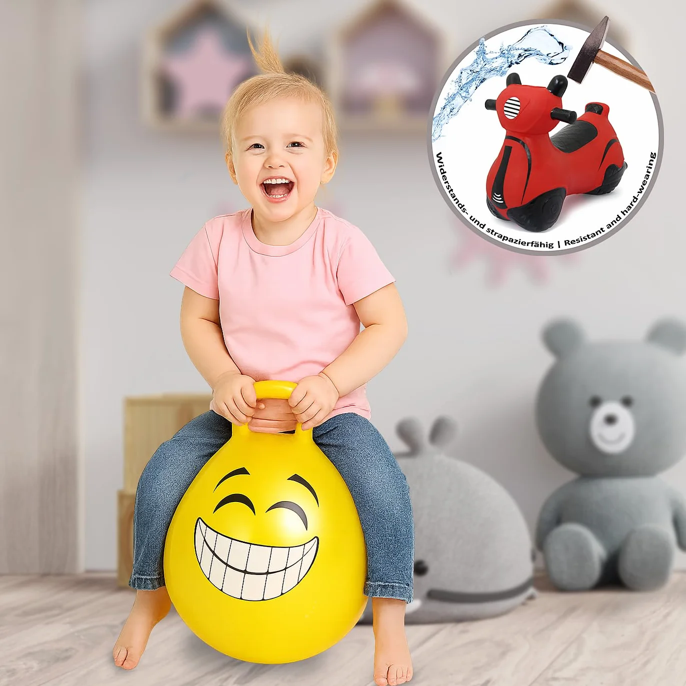 Jamara 460457 - Palla per saltare Smile giallo 450mm - Sviluppa equilibrio e capacitá motorie, Robusta, Resistente, Facile da riporre