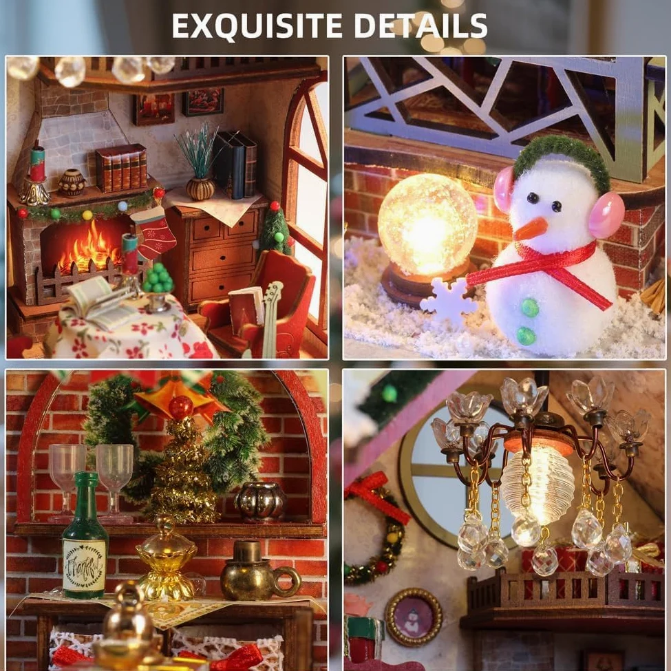 Kit fai da te per casa delle bambole in miniatura di Natale, kit mini casa delle bambole in legno per adulti, puzzle 3D in legno con LED, regalo di Natale e compleanno, decorazione per la casa per