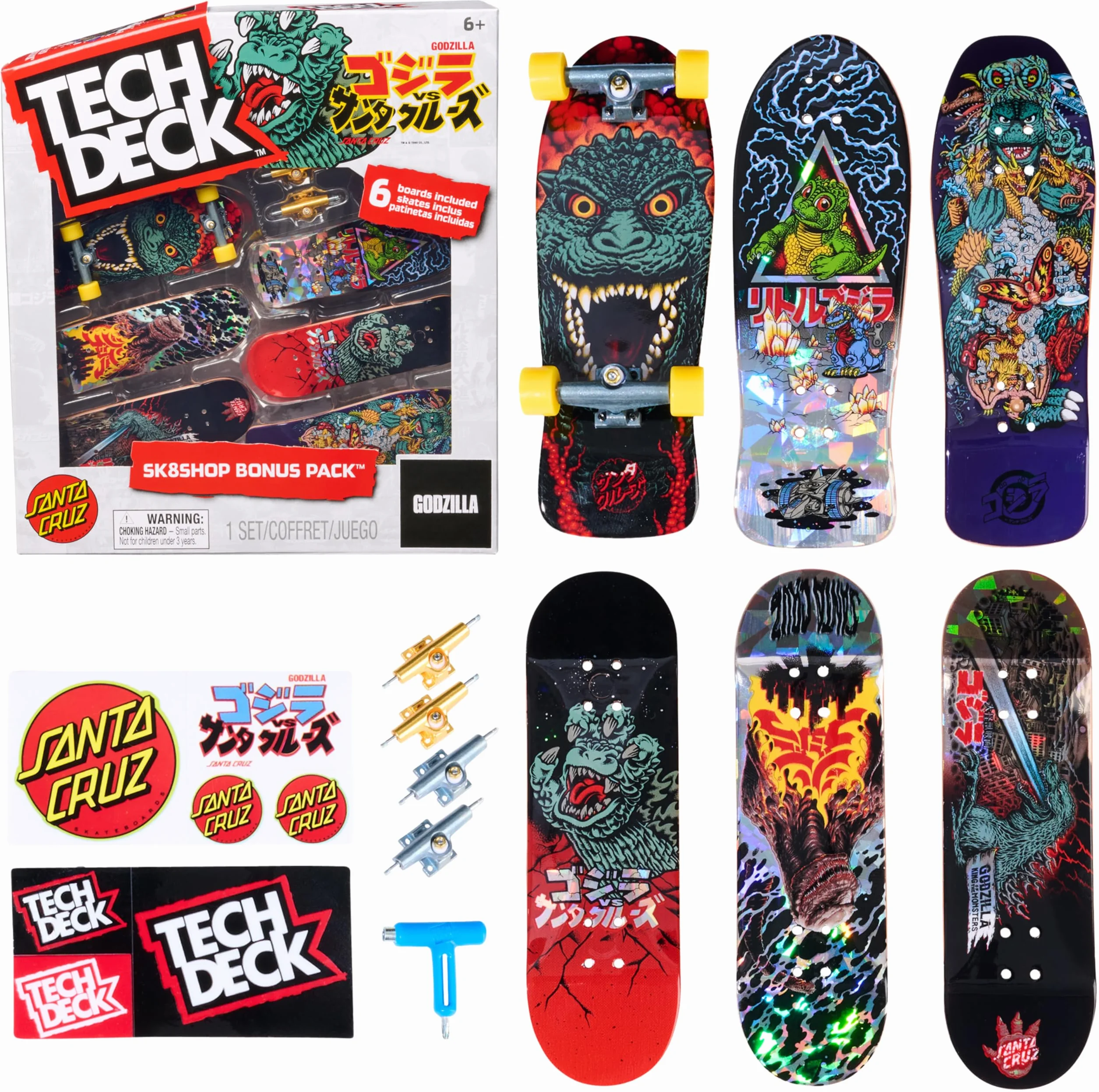 Tech Deck, Godzilla Sk8shop Fingerboard Bonus Pack, Mini Skateboard da Collezione Personalizzabili, Giocattoli per Bambini da 6 Anni in su