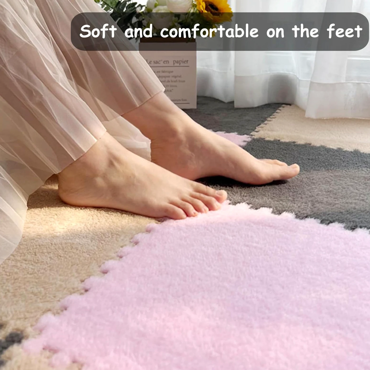 Tappeto Quadrato in Peluche Splice Interlocking Carpet, 10 Pezzi Tappeto Quadrato in Schiuma ad Incastro, Tappeto Morbido Antiscivolo ad Incastro, Tappeto in Schiuma di p,Gray+Apricot