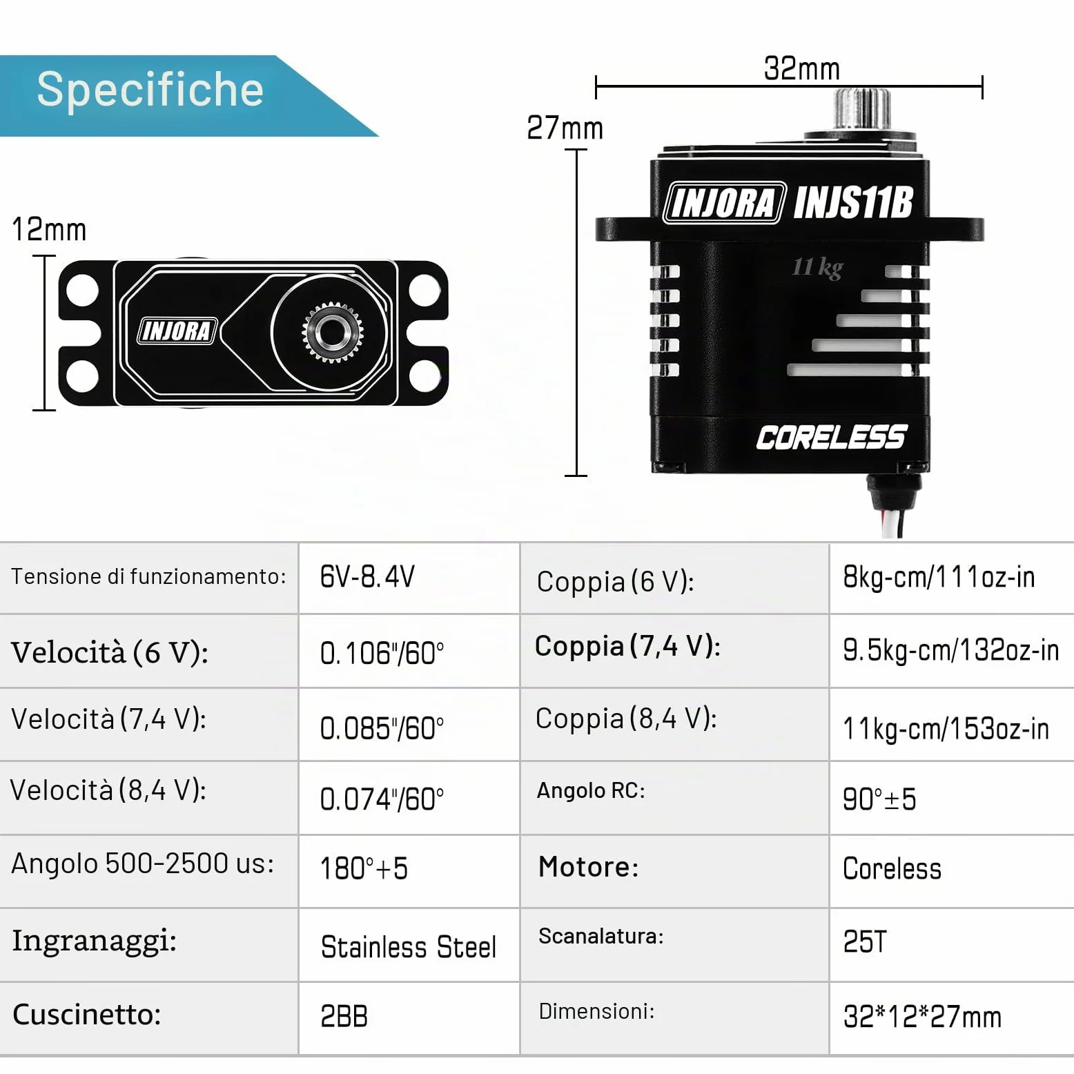 INJORA 11KG Servo Digitale Micro Coreless con Ingranaggi per TRX4M SCX24 RC