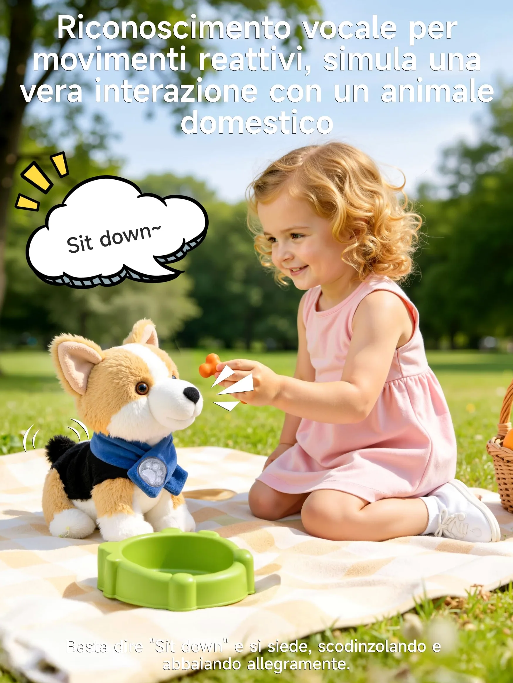 Cagnolino Che Abbaia e Cammina con Controllo Vocale, Parla, Muove la Coda, Peluche Cane Giocattolo Interattivo Elettronico, Cane Robot Realistico, Regalo per Bambini dai 18 Mesi