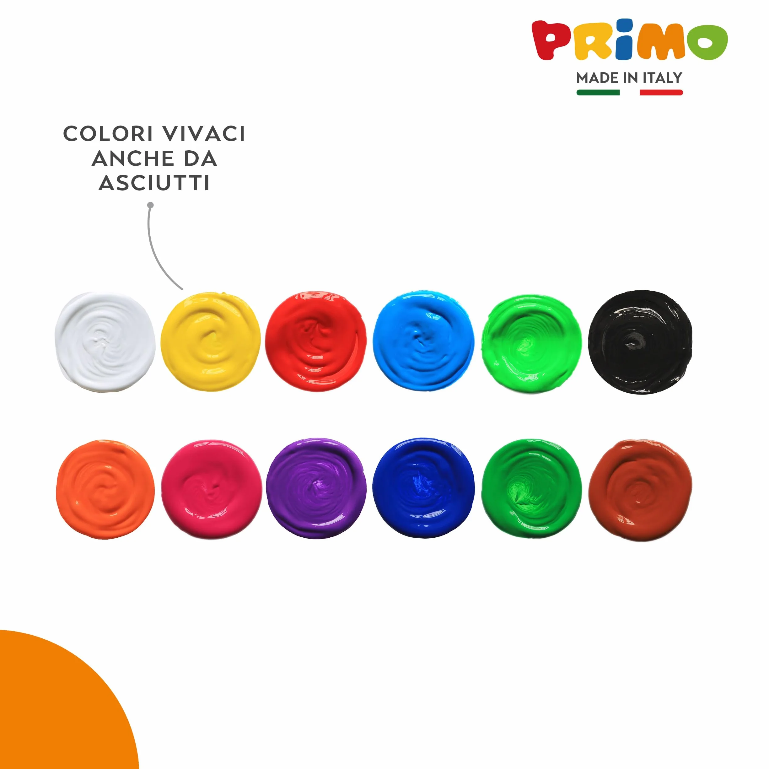 PRIMO - Tempere Lavabili per Bambini +3 Anni, 12 Colori per Bambini 25 ml in Vasetto Validi come Colori per Tessuti e Lavoretti Creativi, Pittura per Tessuti, Carta e Vetro, Colori a Tempera Coprenti