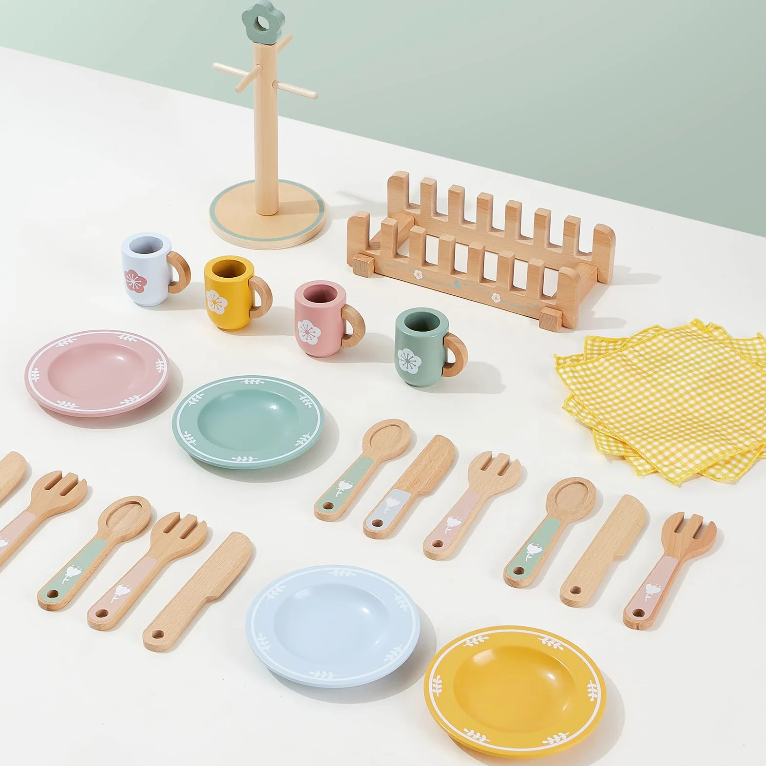 Atoylink Accessori da Cucina per Bambini in Legno: Set Completo con Piatti, Tazze, Posate e Portapiatti - Giochi di Ruolo per Ragazze e Ragazzi 3-8 Anni