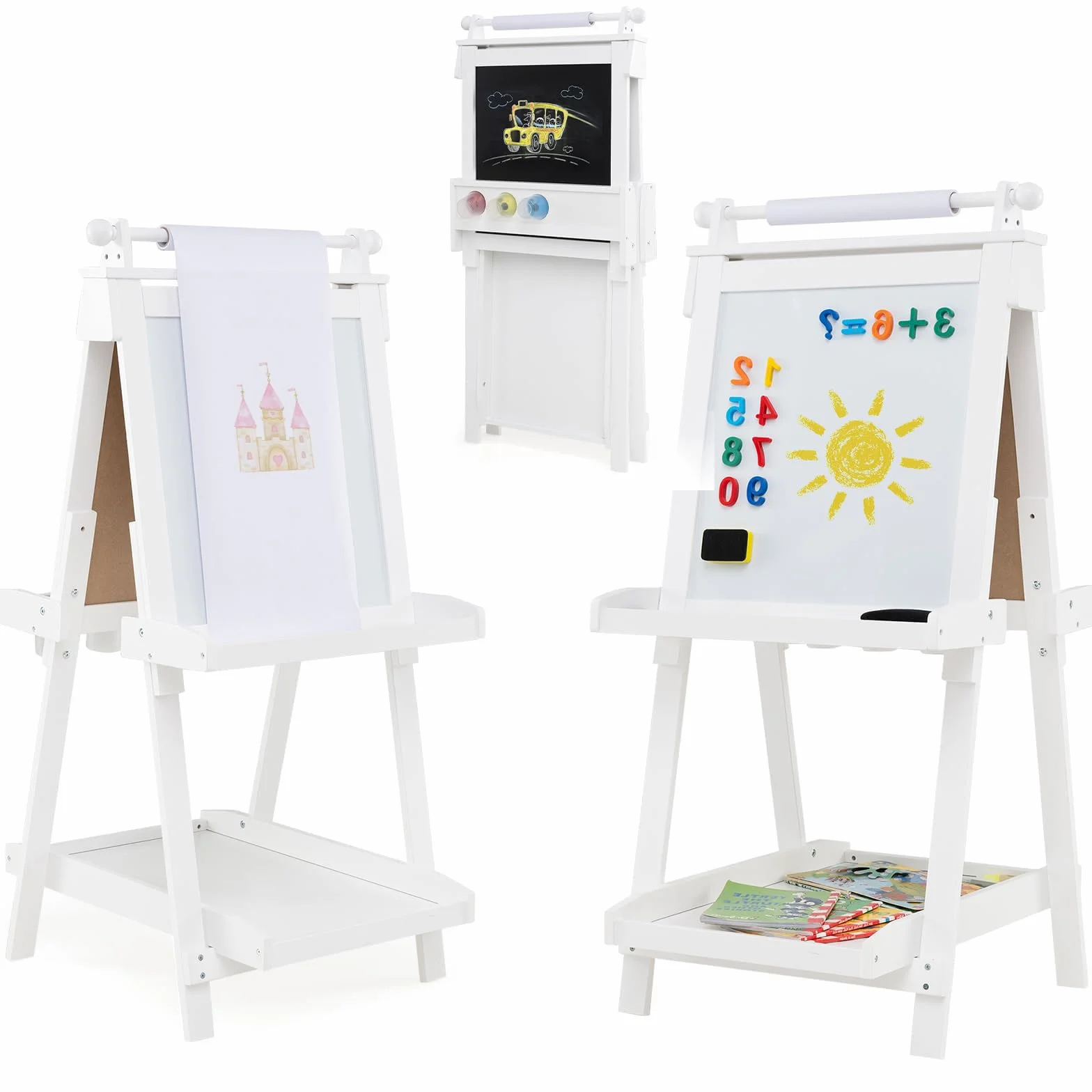 RELAX4LIFE 3 in 1 Cavalletto per Bambini Pieghevole in Legno, Altezza Regolabile, Lavagna Magnetica con Lavagna Bifacciale, con Rotolo di Carta, Vassoio e Accessori, 3+ Anni, 55x66x106-126cm (Bianco)