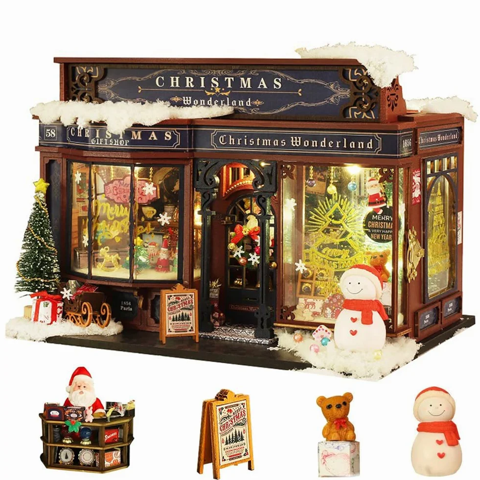 Kit fai da te per casa delle bambole in miniatura, kit casa delle bambole in legno con luce LED, idea creativa per la stanza per bambini/adulti, kit fai da te per casa delle bambole di Natale