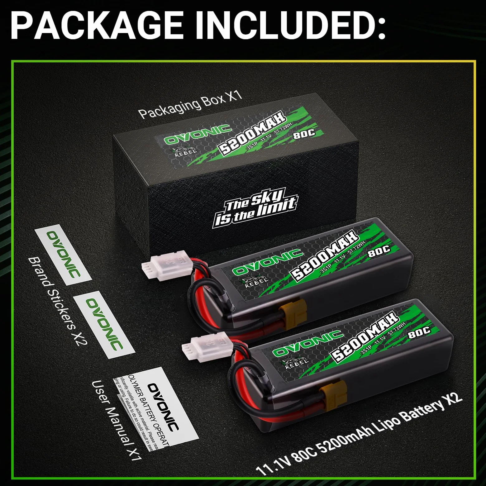 Ovonic - Batteria LiPo 3S 11,1 V 5200 mAh 80 C con connettore XT60 - Custodia rigida per RC Car Monster Truck RC Truggy Buggy RC Truck Hobby (2 pezzi)