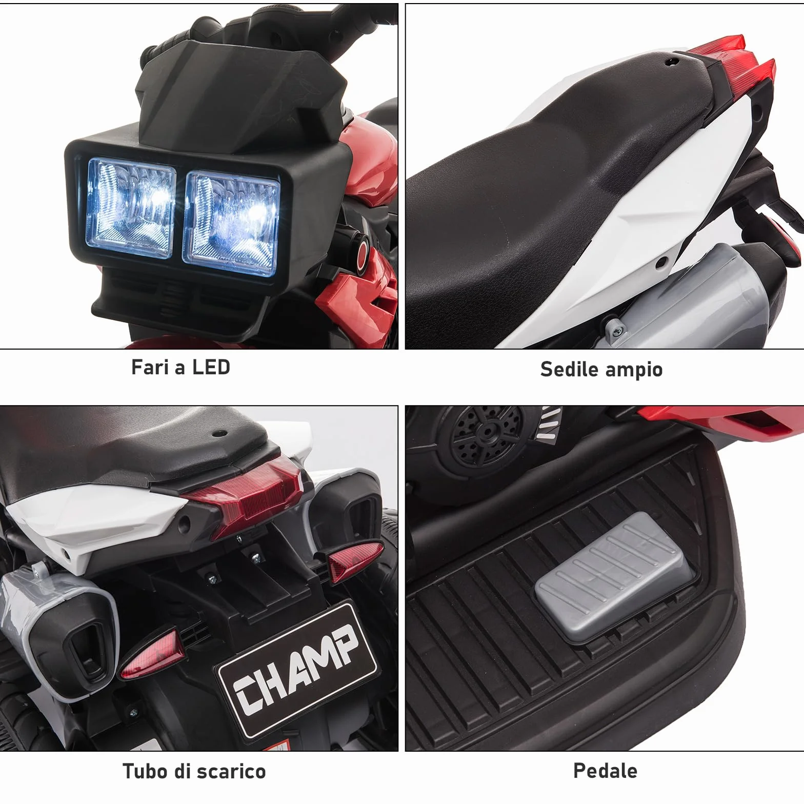 HOMCOM Moto Elettrica per Bambini 3-5 Anni 6V (max. 25kg), Velocità 3km/h, Motorino Elettrica per Bimbi con 3 Ruote, Luci e Suoni, Rosso, 86x42x52cm