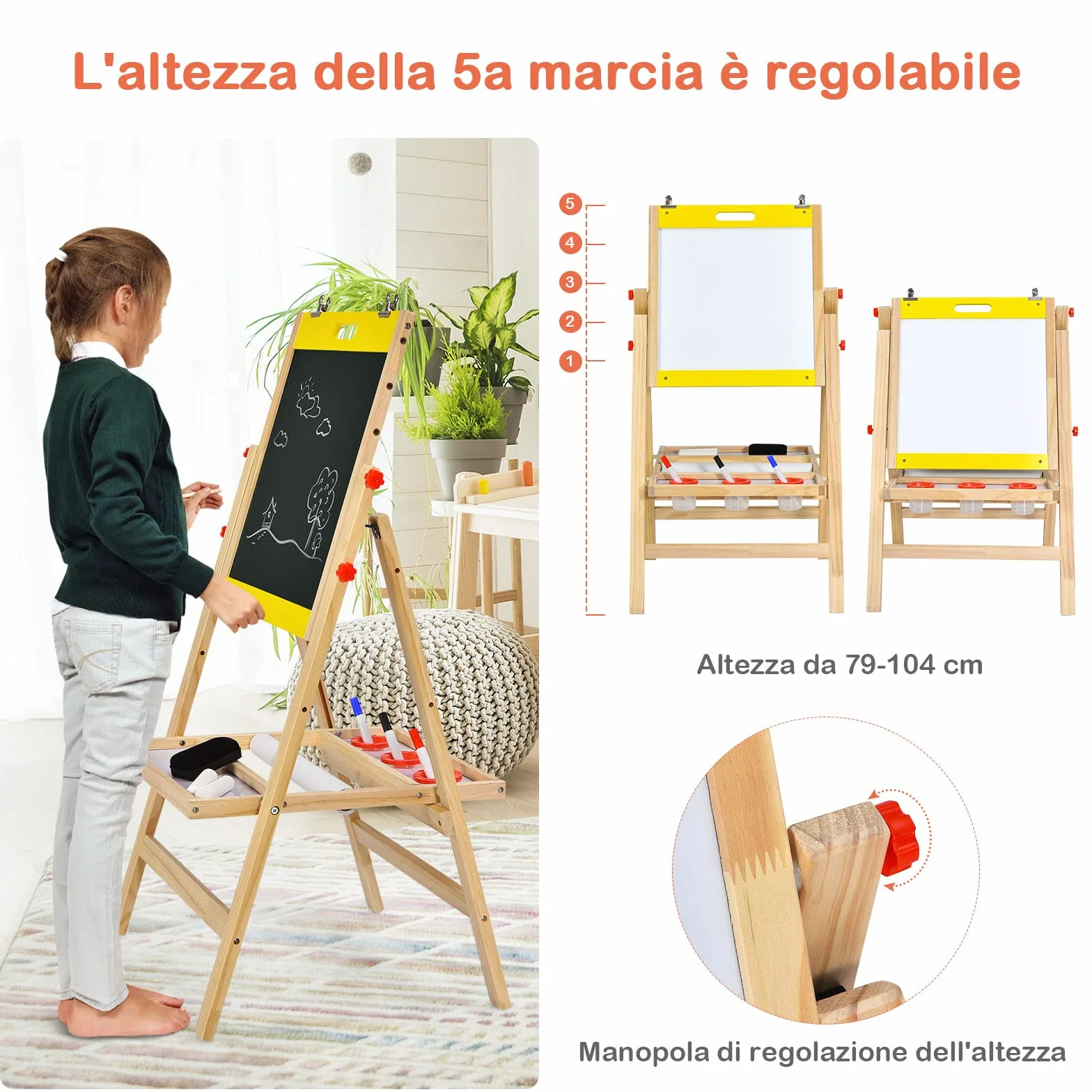 COSTWAY 3 in 1 Lavagna Magnetica per Bambini, Cavalletto da Pittura Pieghevole con Accessori, Altezza Regolabile e Bifacciale, con Vassoio, 50,5x53,5x79-104cm (Giallo)