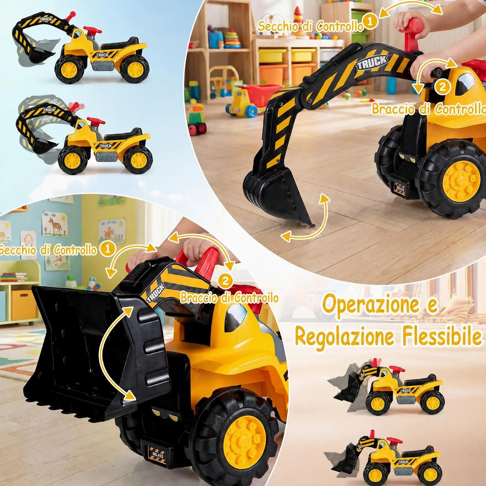 COSTWAY 3 in 1 Escavatore Cavalcabile per Bambini 2+ Anni, Carico 25 kg | Ruspa Giocattolo per Bambini con Suoni Realistici, Seduta con Vano Portaoggetti, Pietre, Casco e Gilet, per Casa Asilo