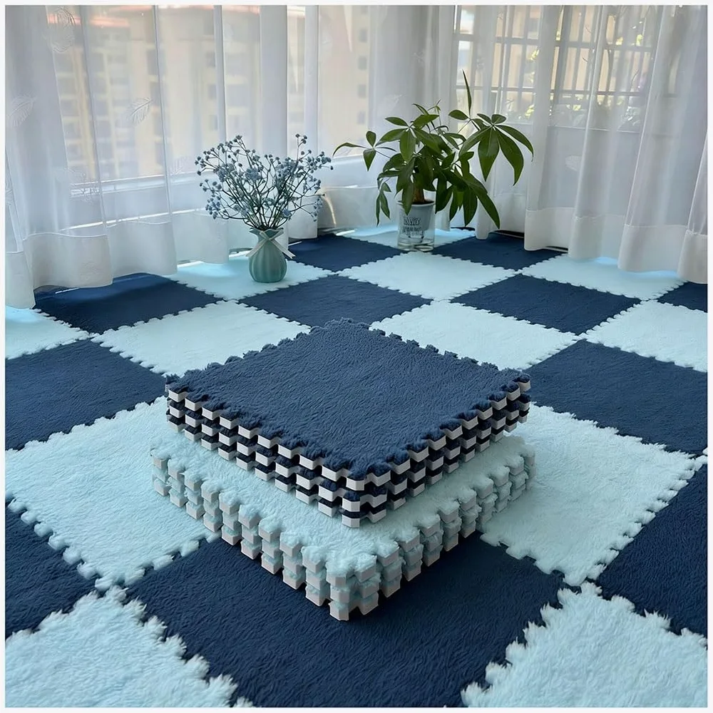 10 tappeti puzzle in schiuma morbida, per camera da letto, cameretta o sala giochi, tappetini pelosi facili da pulire (blu navy e celeste)