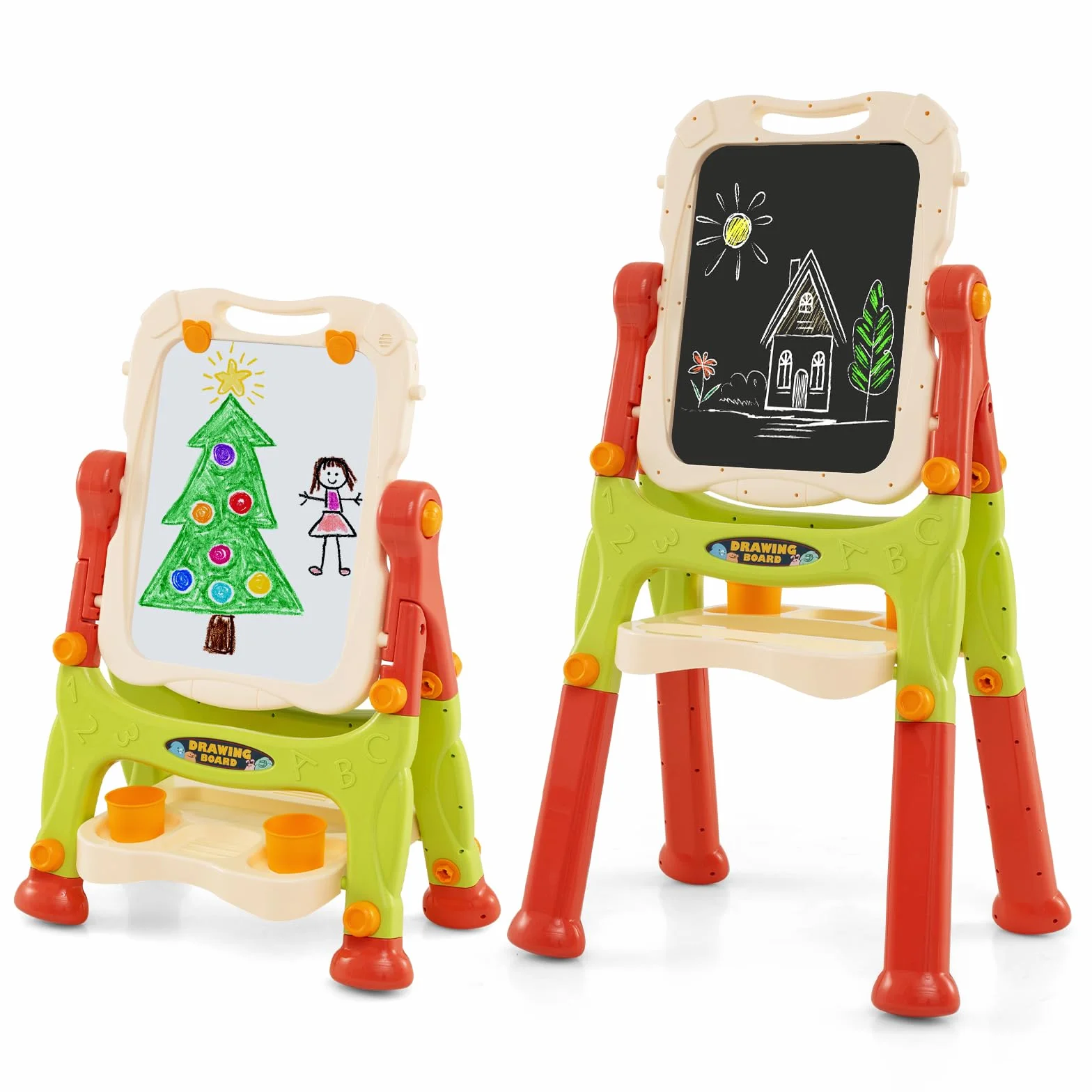GYMAX Lavagna Magnetica per Bambini, Cavalletto da Disegno Doppio Lato con Lavagna, Tavolo da Disegno Portatile con Maniglia, Altezza Regolabile per Bambini 3+ Anni (Rosso)