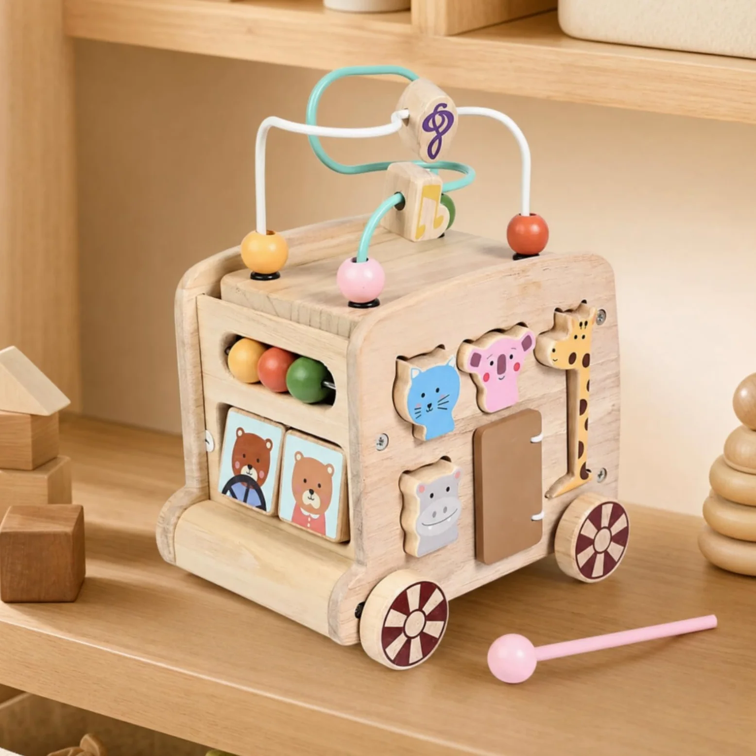 Scatola Educativo Sensoriale, Autobus Giocattolo Montessoriano Verde | Multiattività, Scatola Montessoriana con percorso di perline, Motricità Fine, per Cameretta, Asilo Nido, Neonati