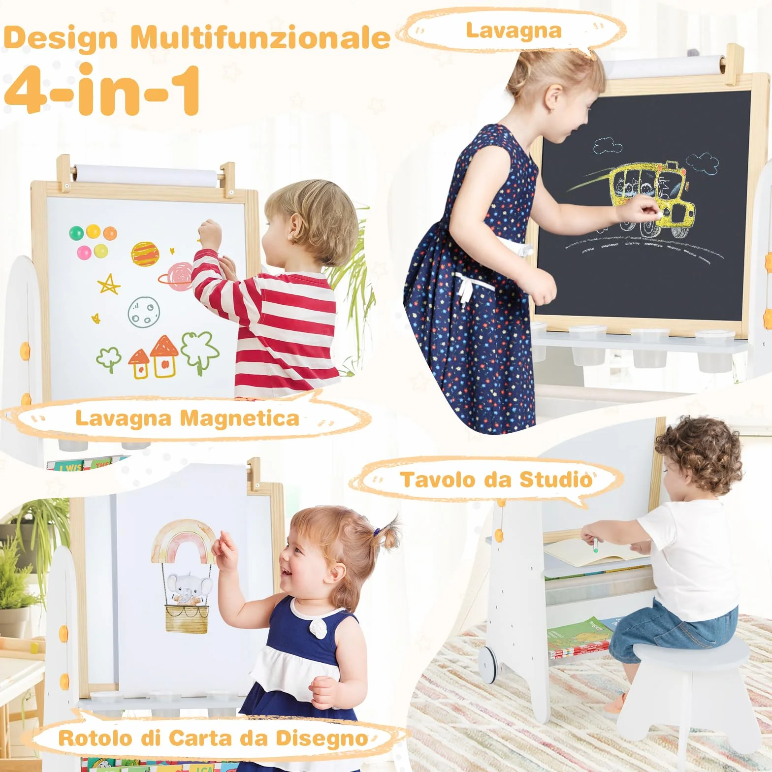 RELAX4LIFE Lavagna 4-in-1 con Sgabello, Lavagna Altezza Regolabile con Ruote, a Gesso, Bianca Magnetico, Ampia Piani di Lavoro & Rotolo di Carta, Regalo per Bambini da 3 Anni in Su