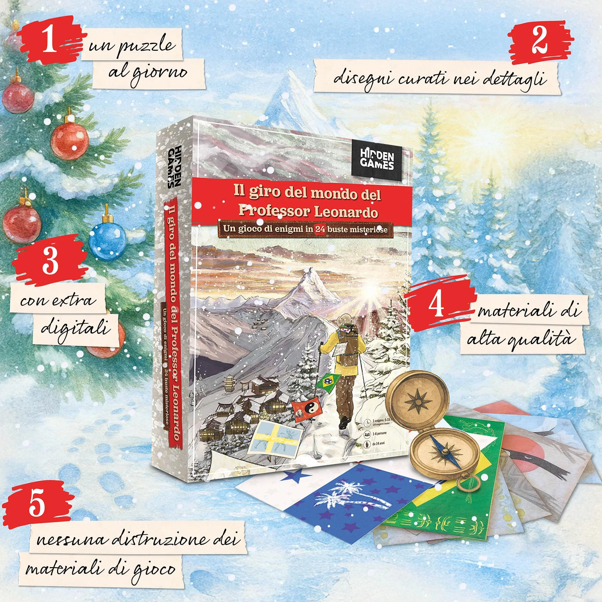 Hidden Games - Calendario dell'Avvento con puzzle - Il Giro del Mondo del Professor Leonardo - Un gioco di enigmi in 24 buste misteriose