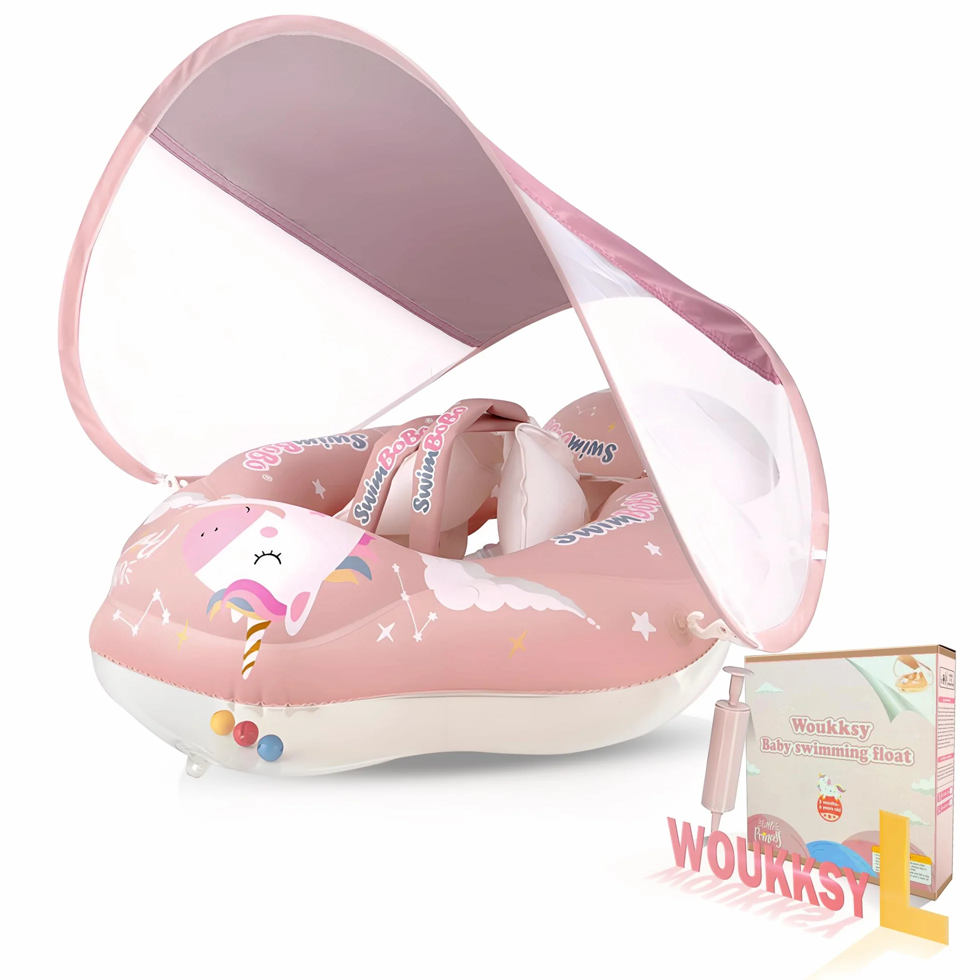 Baby Schwimmring mit Sonnendach Entfernbar, Rosa Baby Schwimmhilfe mit Schwimmsitz, Aufblasbare Schwimmtrainer mit Anti-Umkippen Float für Kleinkinder und Kinder ab 3 Monate bis 36 Monate