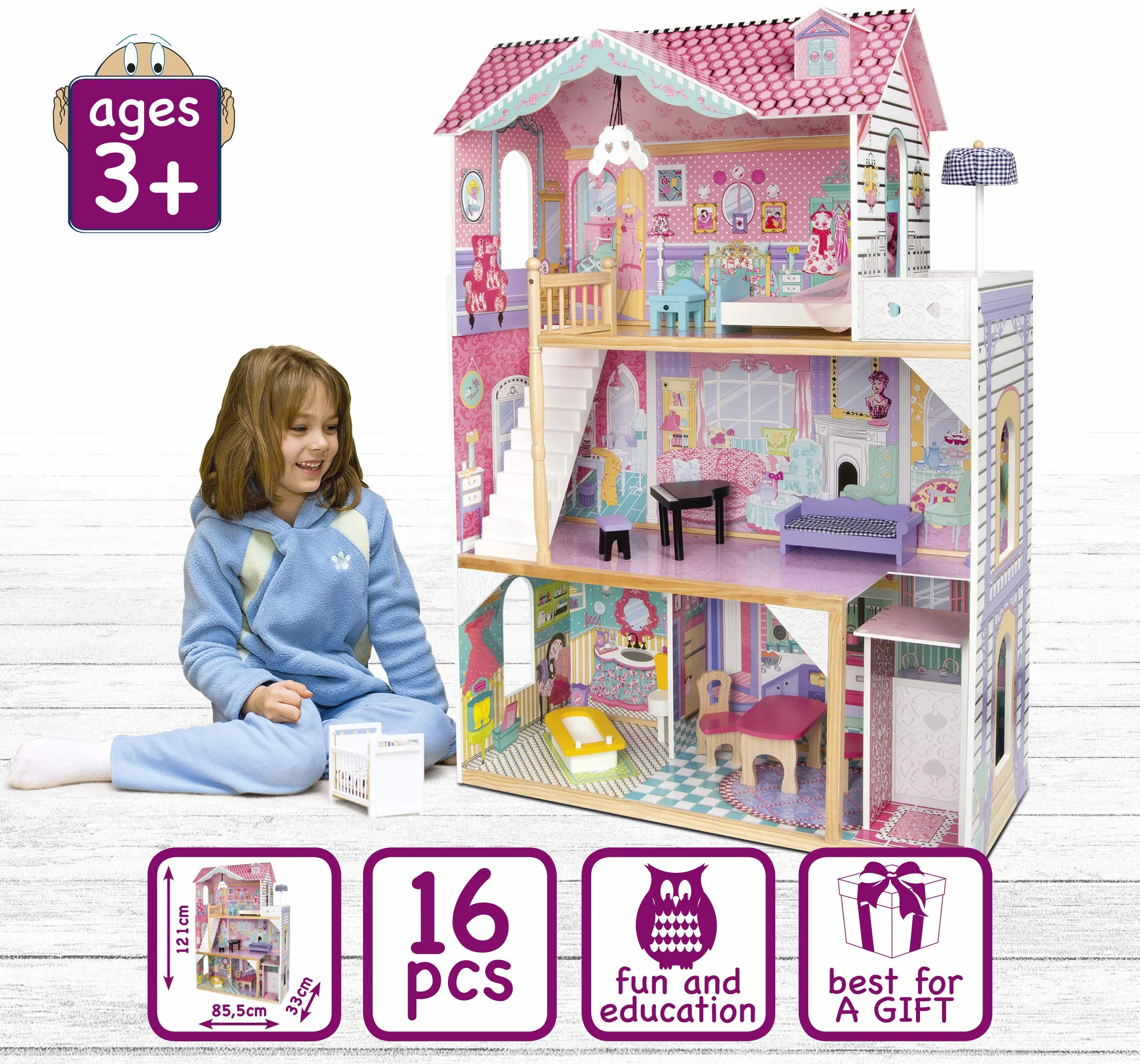 Casa delle Bambole in Legno Grande con Ascensore e Illuminazione, Villa a 3 Piani con Terrazza, Mobili e Accessori Inclusi, per Bambole fino 30 cm, Gioco di Ruolo Educativo, Regalo Bambini 3+